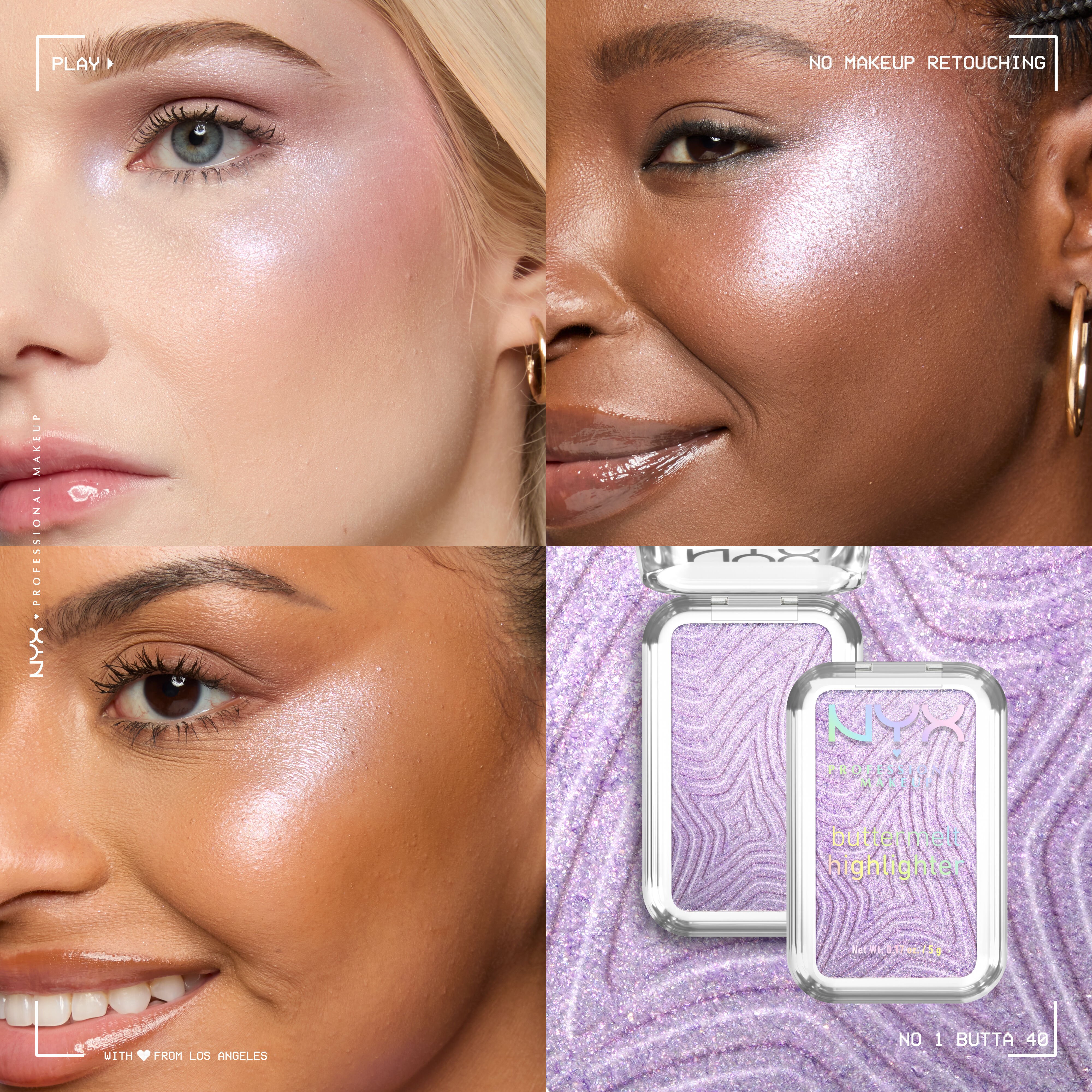 A collage with 3 models with different skintones wearing Buttermelt Highlighter in shade No 1 Butta and a packshot