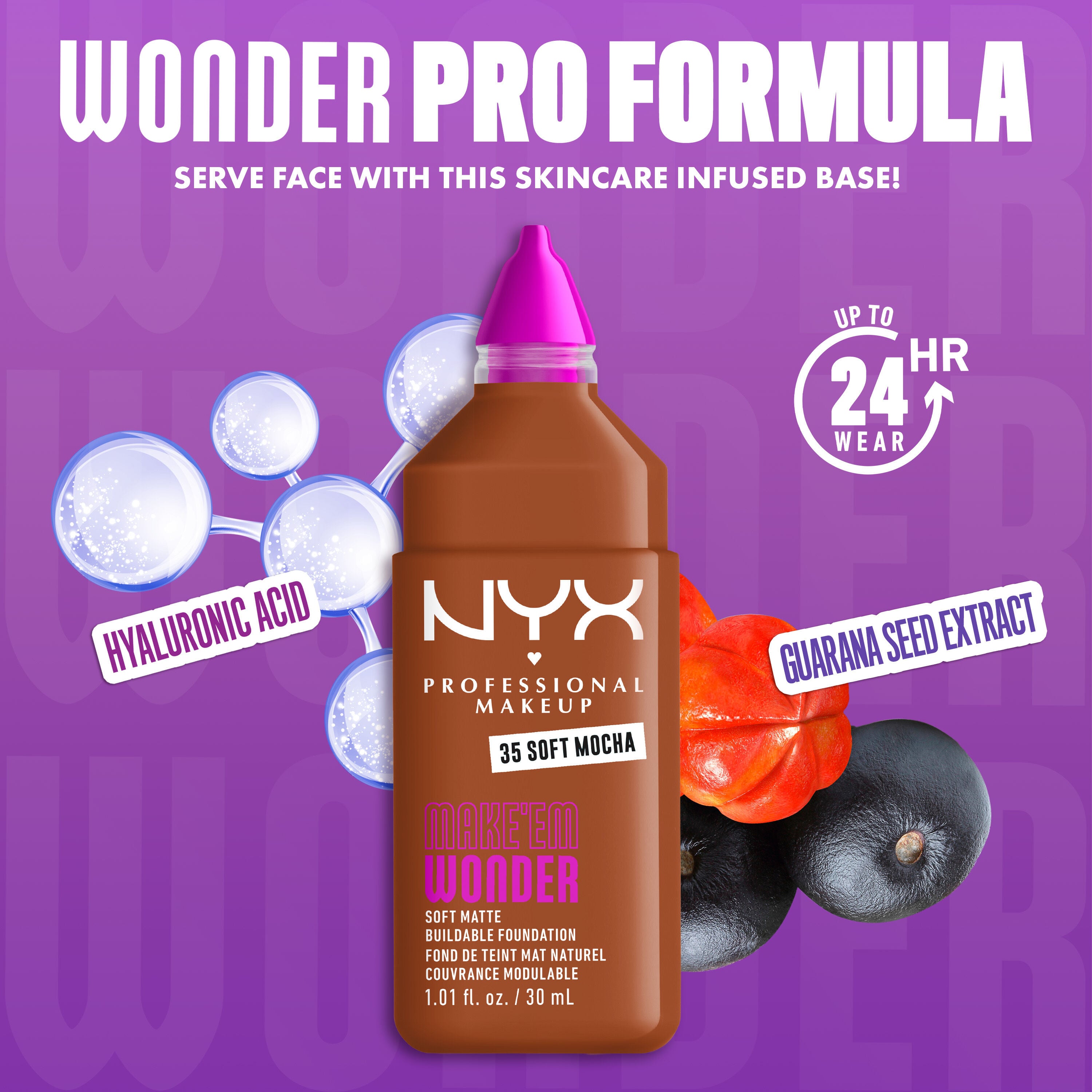 NYX Make ’Em Wonder Foundation shade 35 Soft Mocha with text overlay “Wonder Pro Formula,” featuring hyaluronic acid and guarana seed extract.