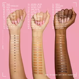 Grid of NYX Make ’Em Wonder Soft Matte Foundations labeled “45 Undetectable Shades,” showing range from fair to deep tones on purple background