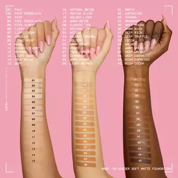Grid of NYX Make ’Em Wonder Soft Matte Foundations labeled “45 Undetectable Shades,” showing range from fair to deep tones on purple background