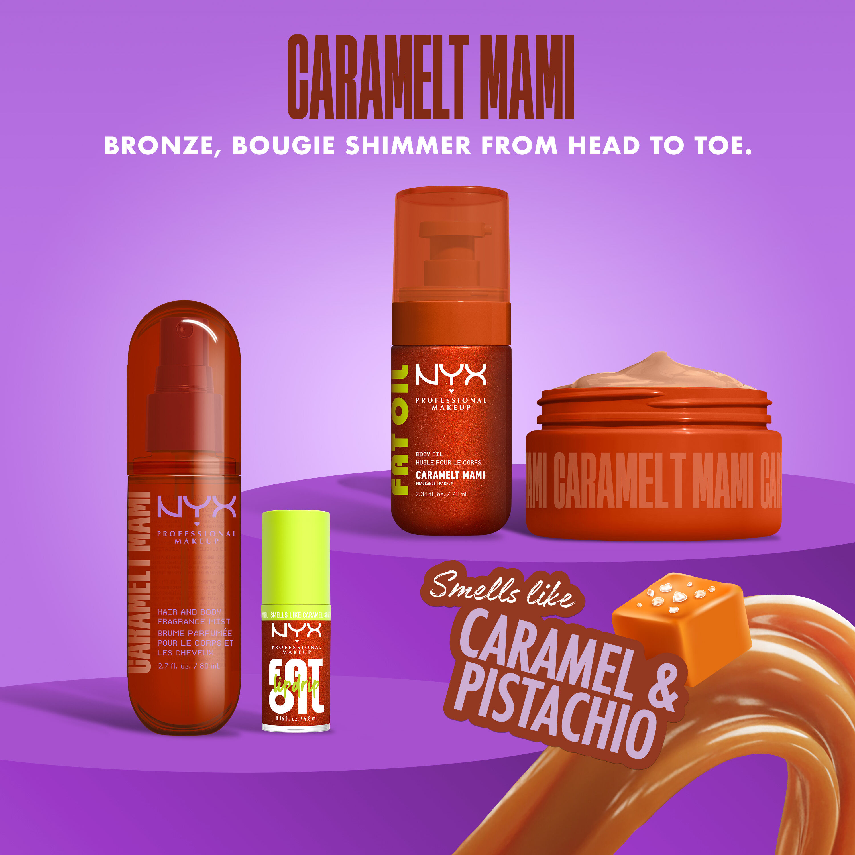 Caramelt Mami product lineup on purple background and smells like caramel & pistachio text.