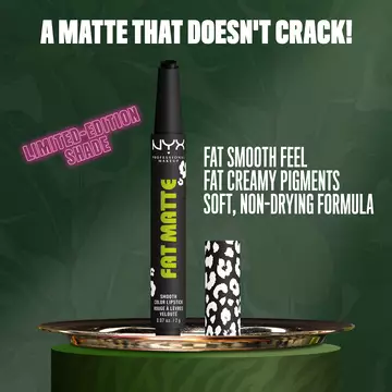 NYX Professional Makeup Party Animals Fat Matte Smooth Color Lipstick in Fatal Pout displayed upright, highlighting a soft, non-drying formula and smooth matte finish.