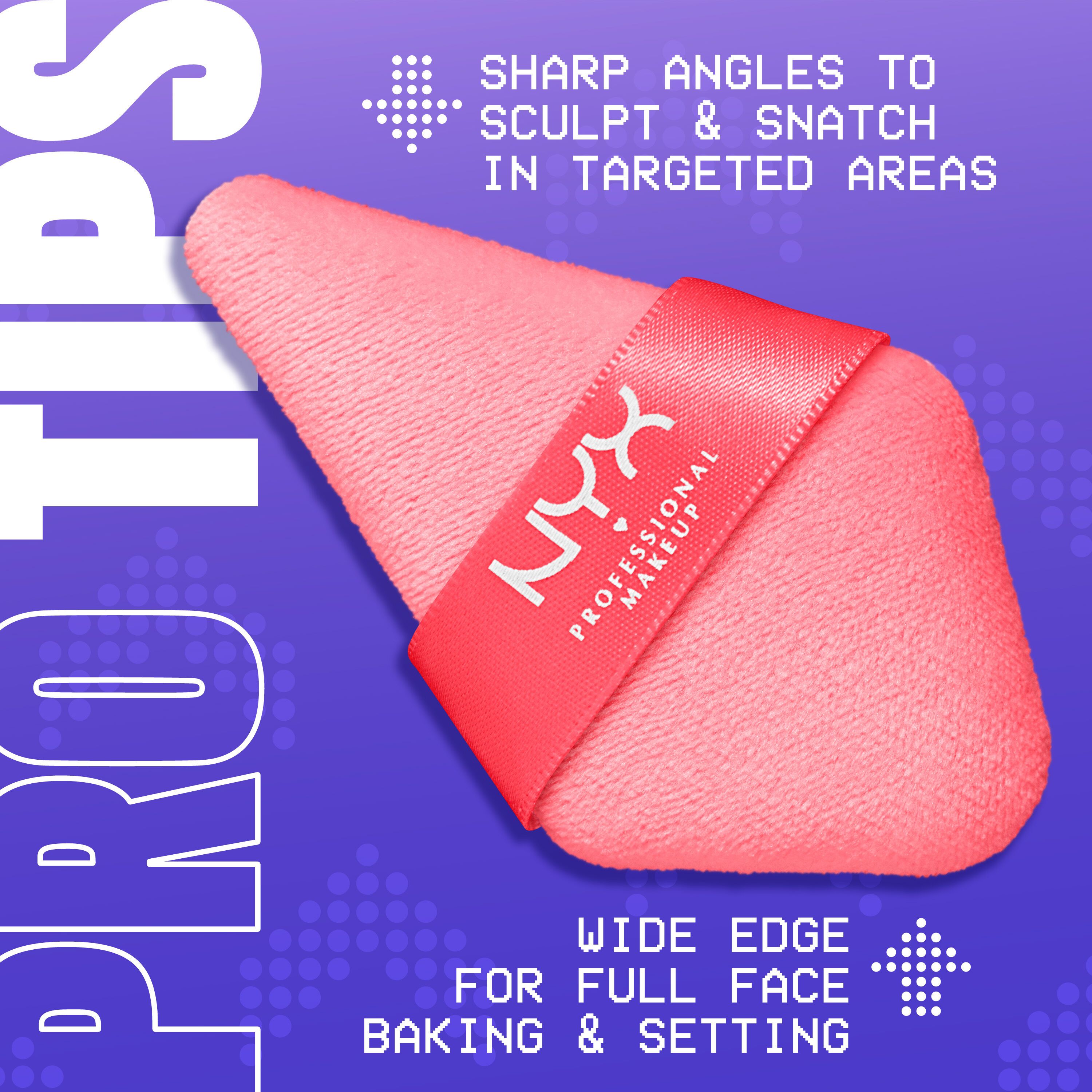 Wonder Setting Powder Puff on purple background with text "Pro Tips" showing narrow tip for details & wide edge for full face