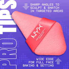 Wonder Setting Powder Puff on purple background with text "Pro Tips" showing narrow tip for details & wide edge for full face