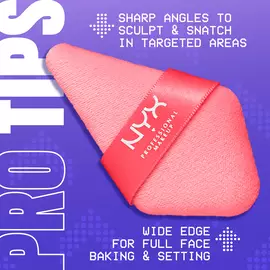 Wonder Setting Powder Puff on purple background with text "Pro Tips" showing narrow tip for details & wide edge for full face