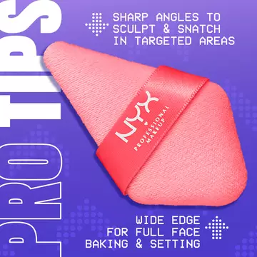Wonder Setting Powder Puff on purple background with text "Pro Tips" showing narrow tip for details & wide edge for full face