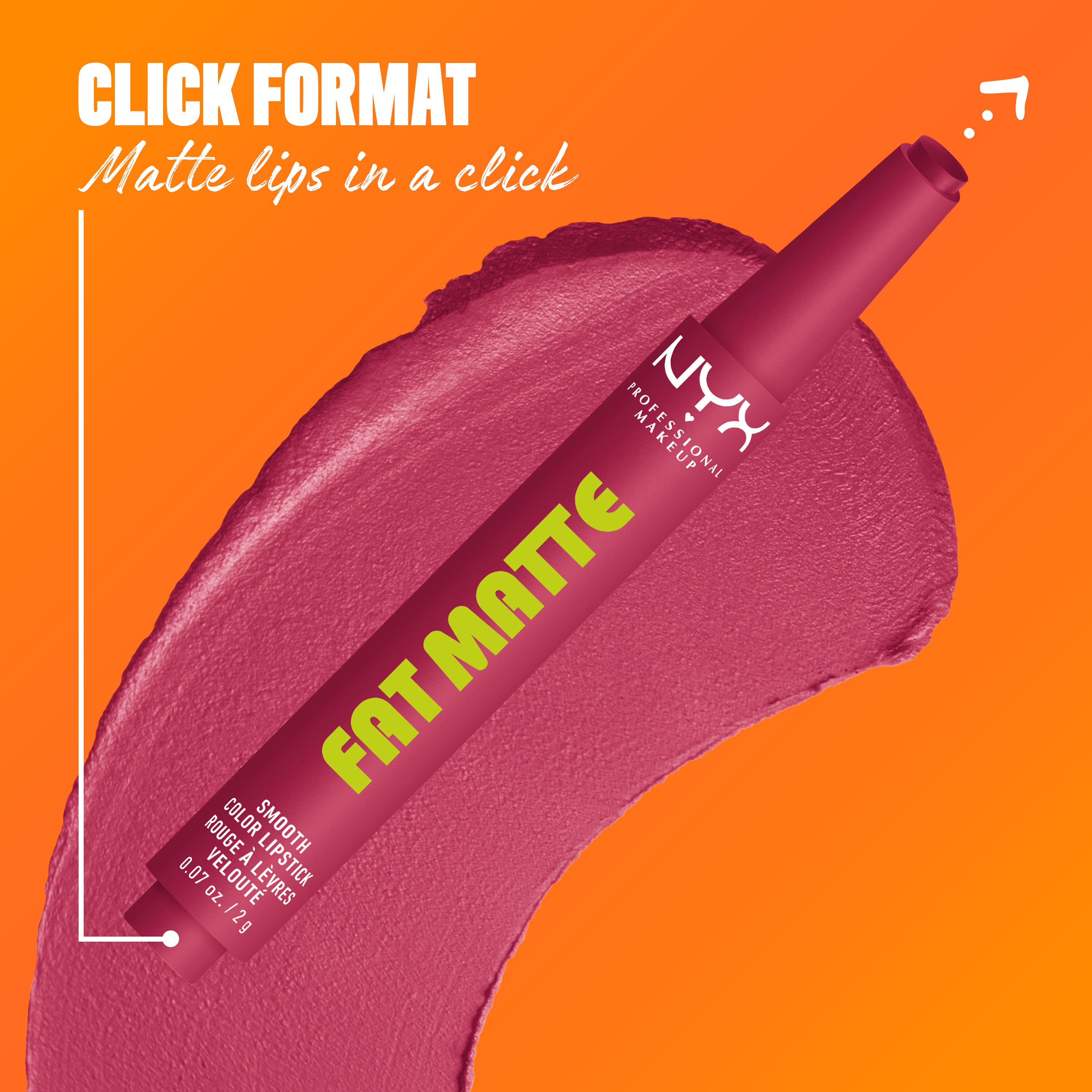 NYX Professional Makeup Fat Matte Smooth Color Lipstick in mauve shade Blush Blanket, showing the click-pen applicator format and shade swatch, highlighting easy, mess-free matte lipstick application.