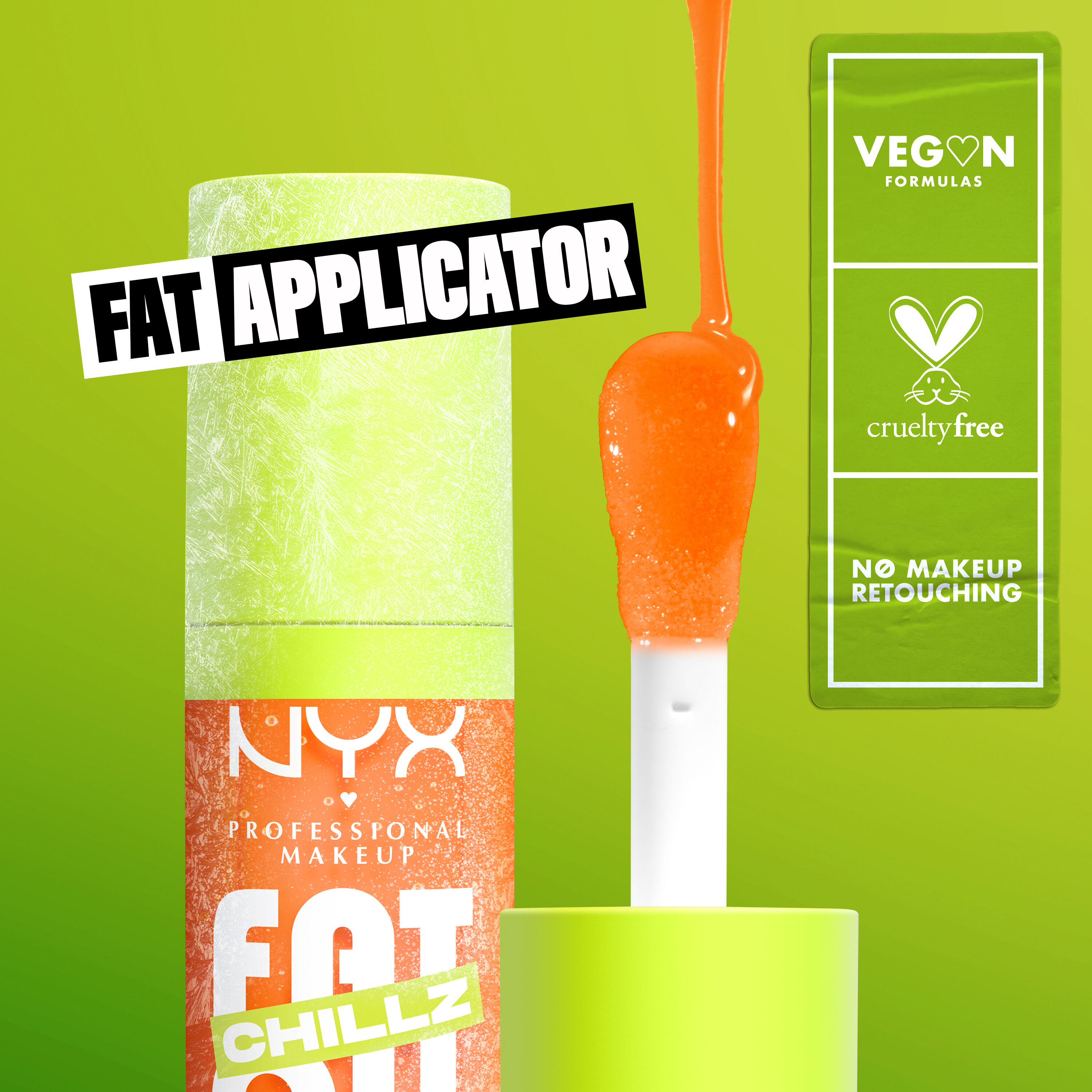 Fat Oil Chillz in shade Citrus Chiller close up to applicator and bottle. Fat Applicator. Vegan. Cruelty Free. No Makeup Retouching. 