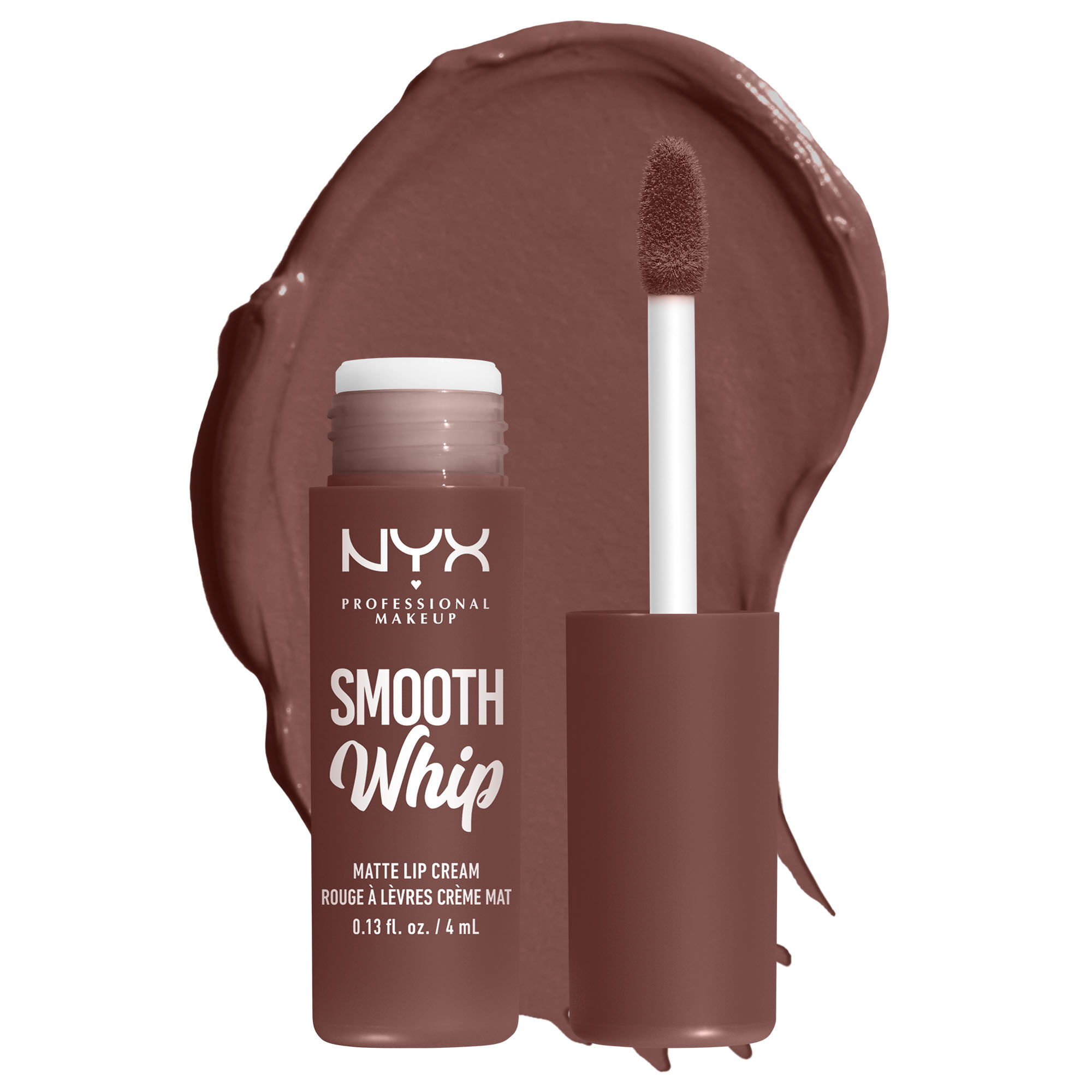 Smooth Whip Matte Lip Cream open tube on white background & dark green blue lip cream smear