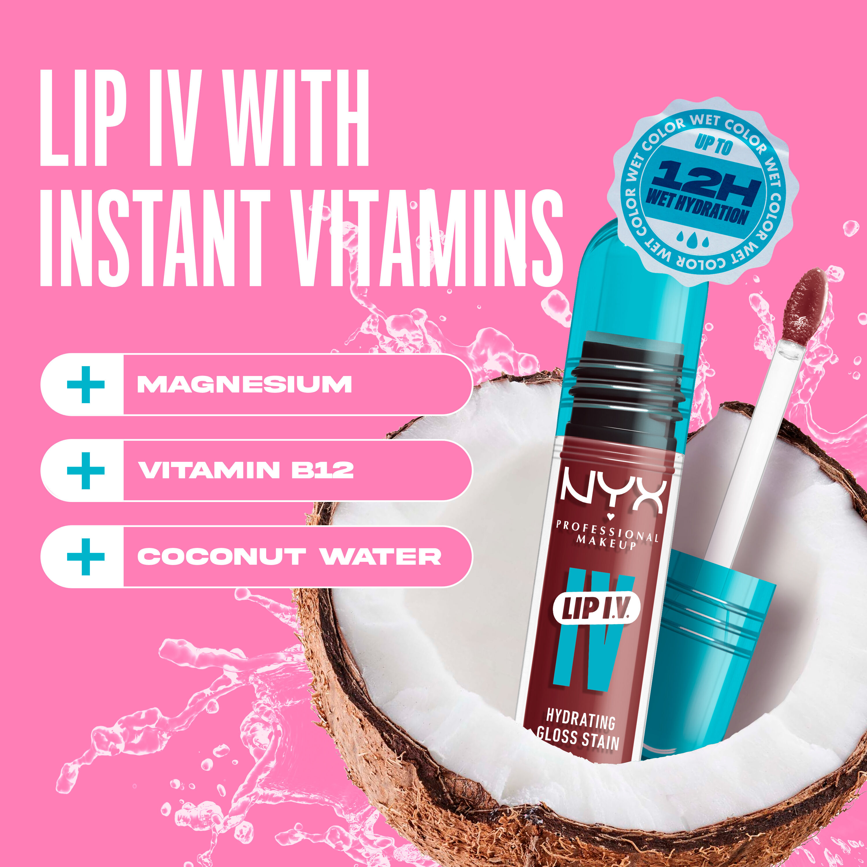 Lip I.V. Hydrating Gloss Lip Stain in a coconut with text "Lip I.V. with Instant Vitamins"