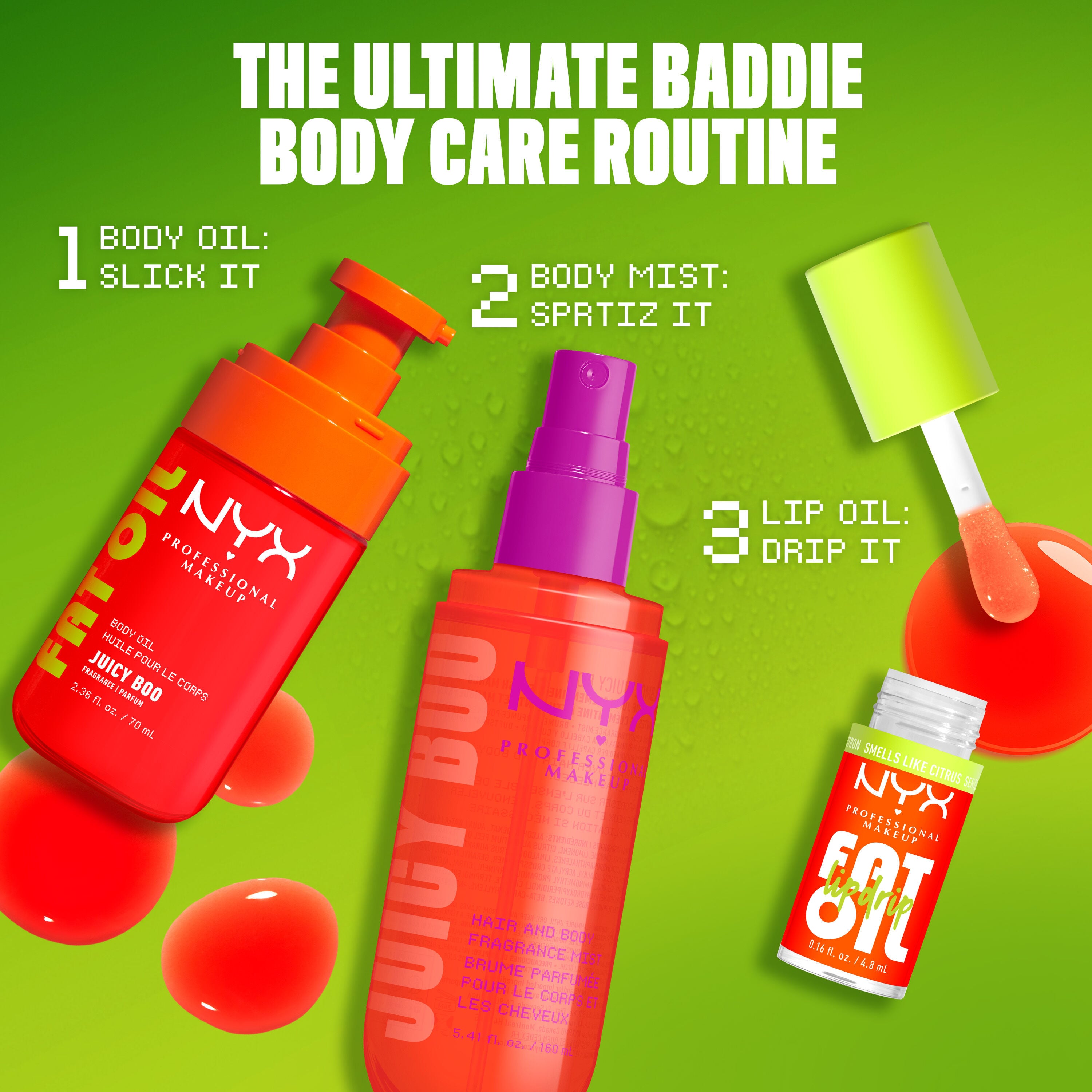 The Ultimate Baddie Body Care Routine - 3-step routine infographic on lime green background.