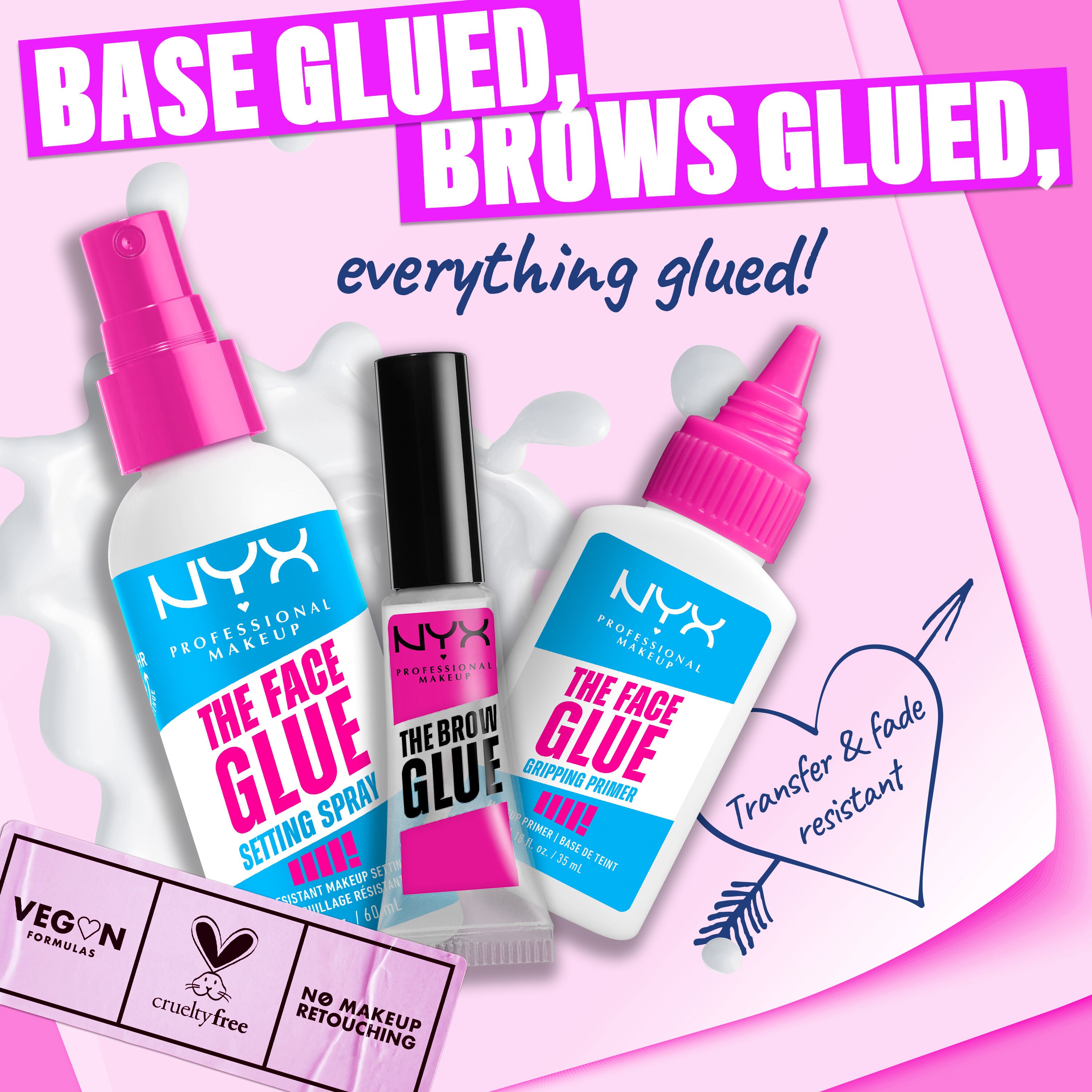 NYX Professional Makeup’s makeup glue lineup including The Face Glue Gripping Primer, The Brow Glue, and The Face Glue Setting Spray