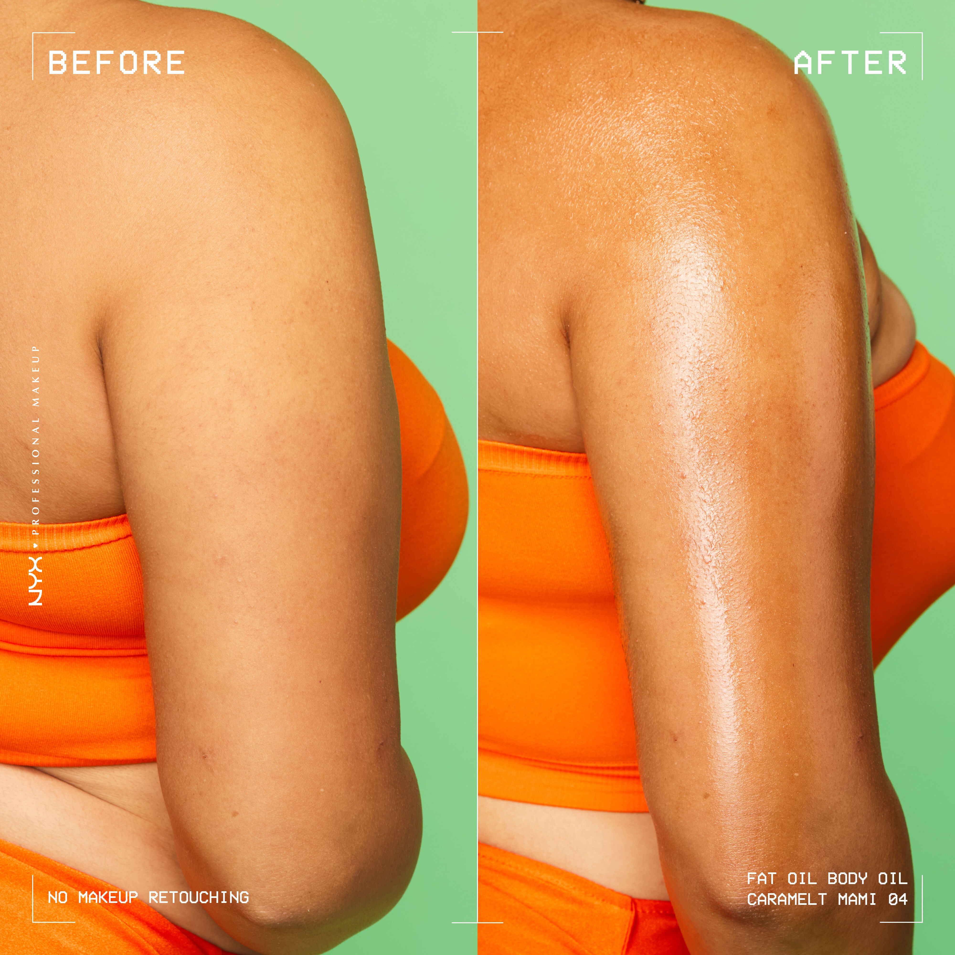 NYX Professional Makeup Body Oil in Caramelt Mami before and after showing smoother, more radiant skin with bronzed & glowy finish.