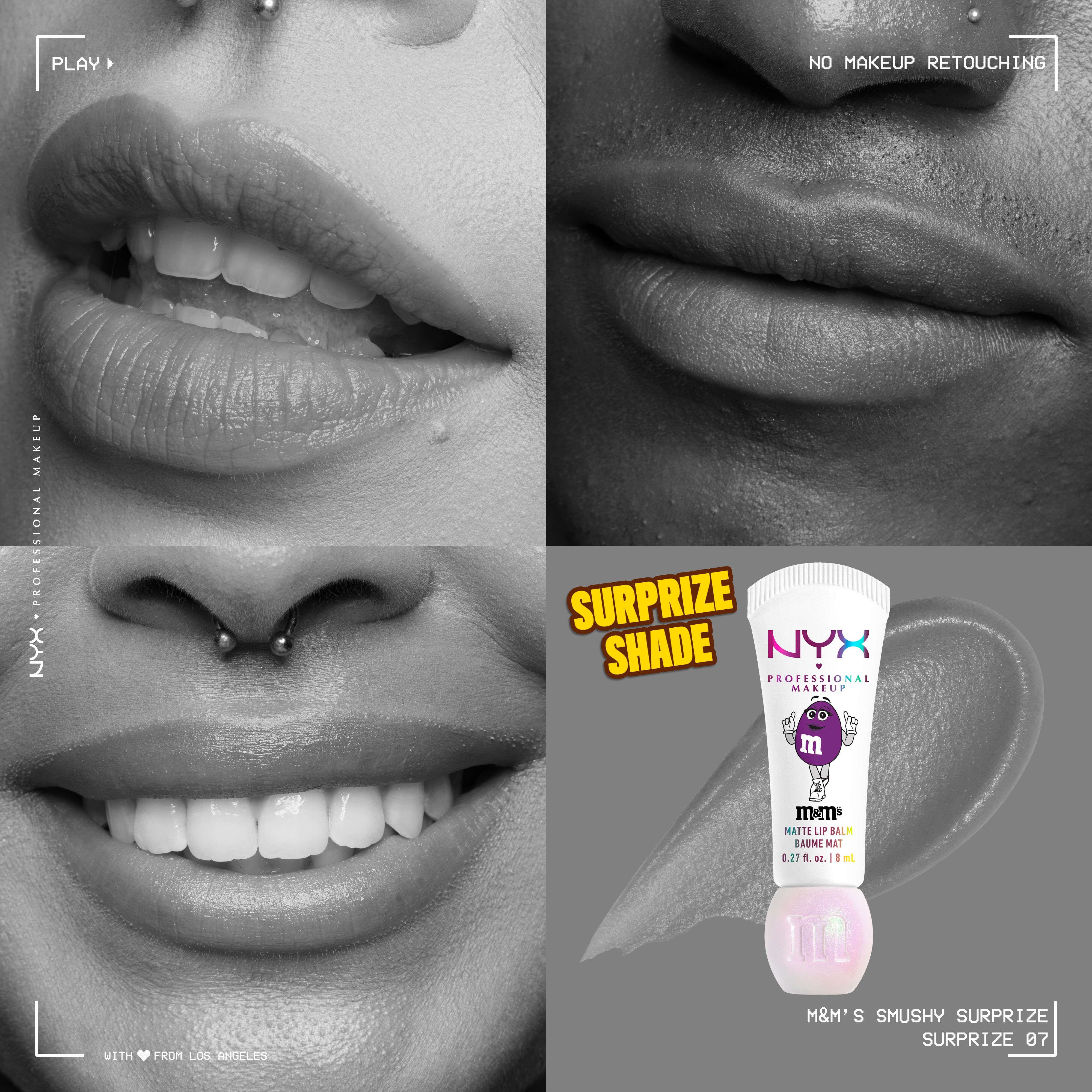 Black-and-white collage of three close-up lip looks with NYX Professional Makeup M&M'S Smushy Surprize shade 07 matte lip balm shown at bottom right with a lip swatch.