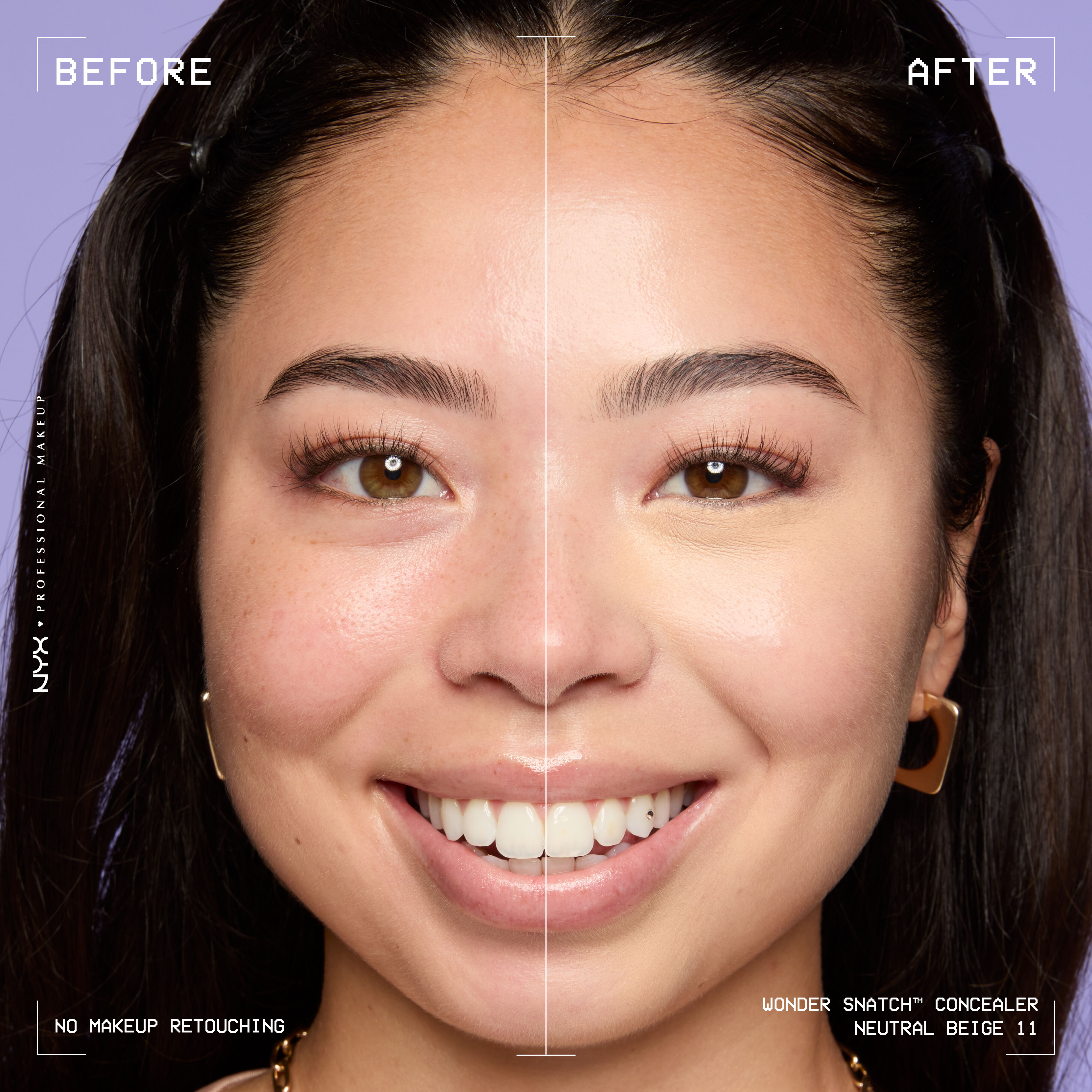 Before-and-after comparison of model wearing Wonder Snatch(TM) Concealer, showing brighter under-eyes and smoother-looking skin.