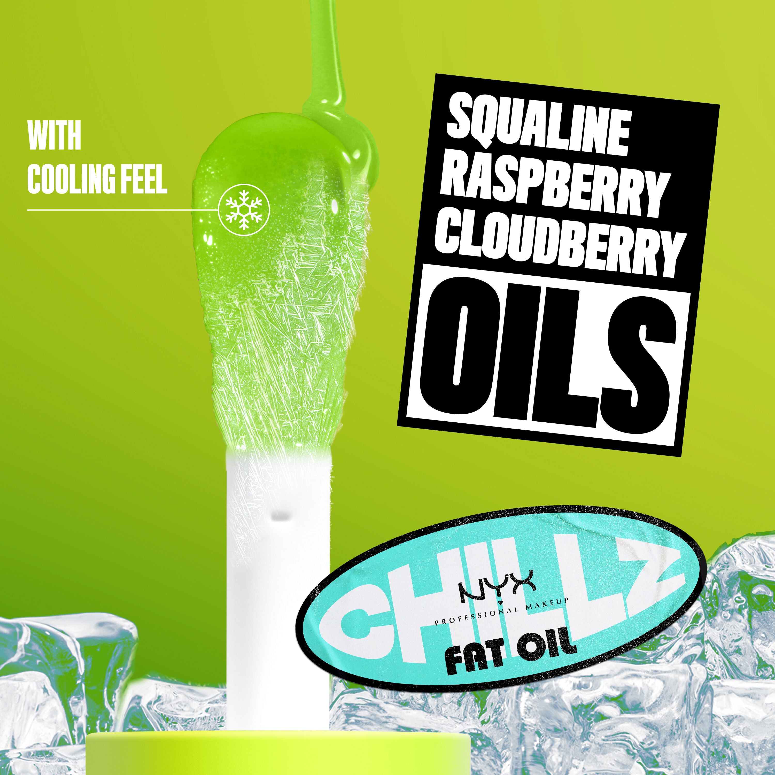 Fat Oil Chillz close up to applicator with shade Kiwi Freezie. With cooling feel. Squaline, Raspberry, Cloudberry Oils. 