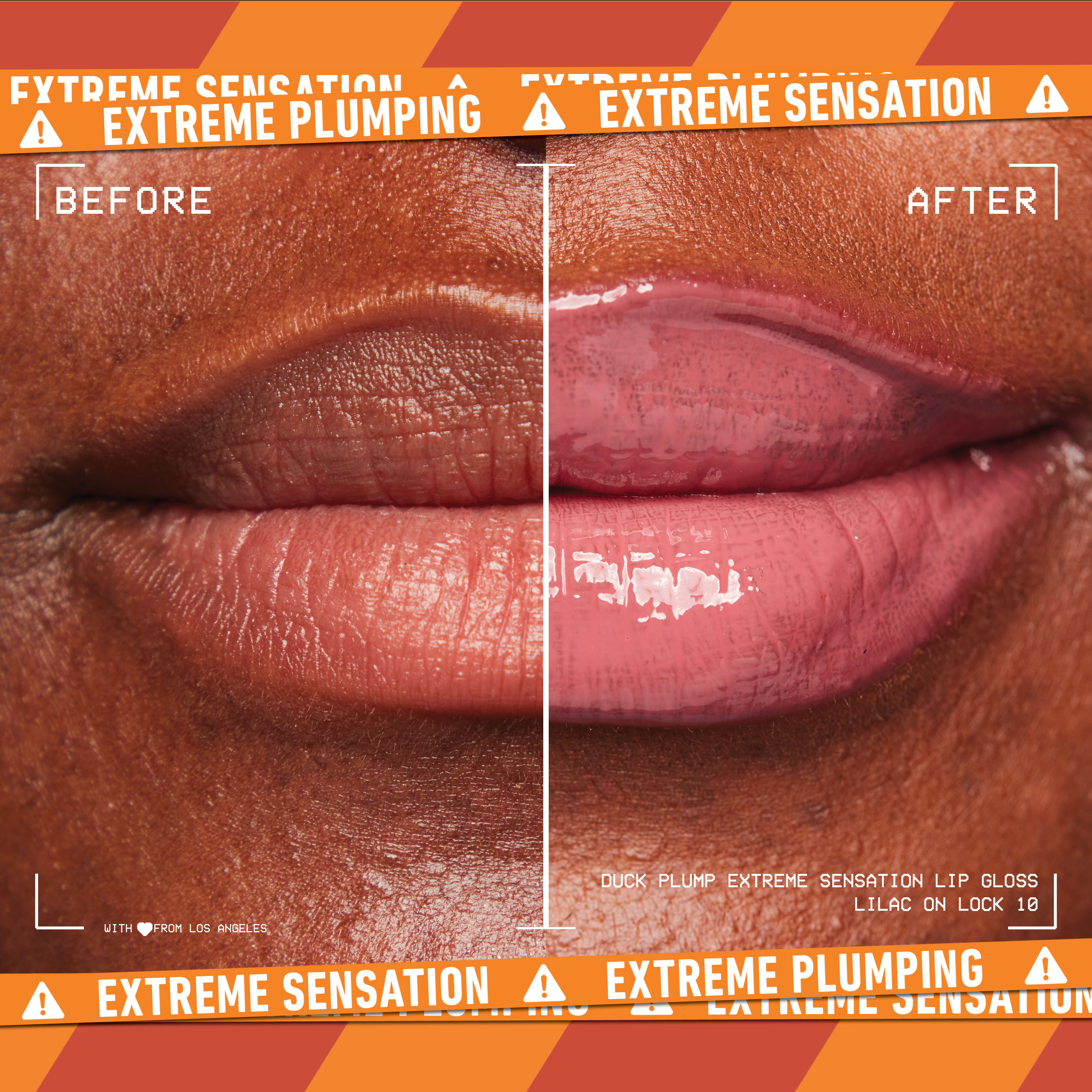 before and after image of lips with Duck Plump Lip Plumping Gloss