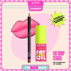 NYX Professional Makeup Suede Matte Lip Liner in 25 Whipped Caviar and Fat Oil Lip Drip in 02 Missed Call shown in a stylized packshot with lip graphic and product packaging.