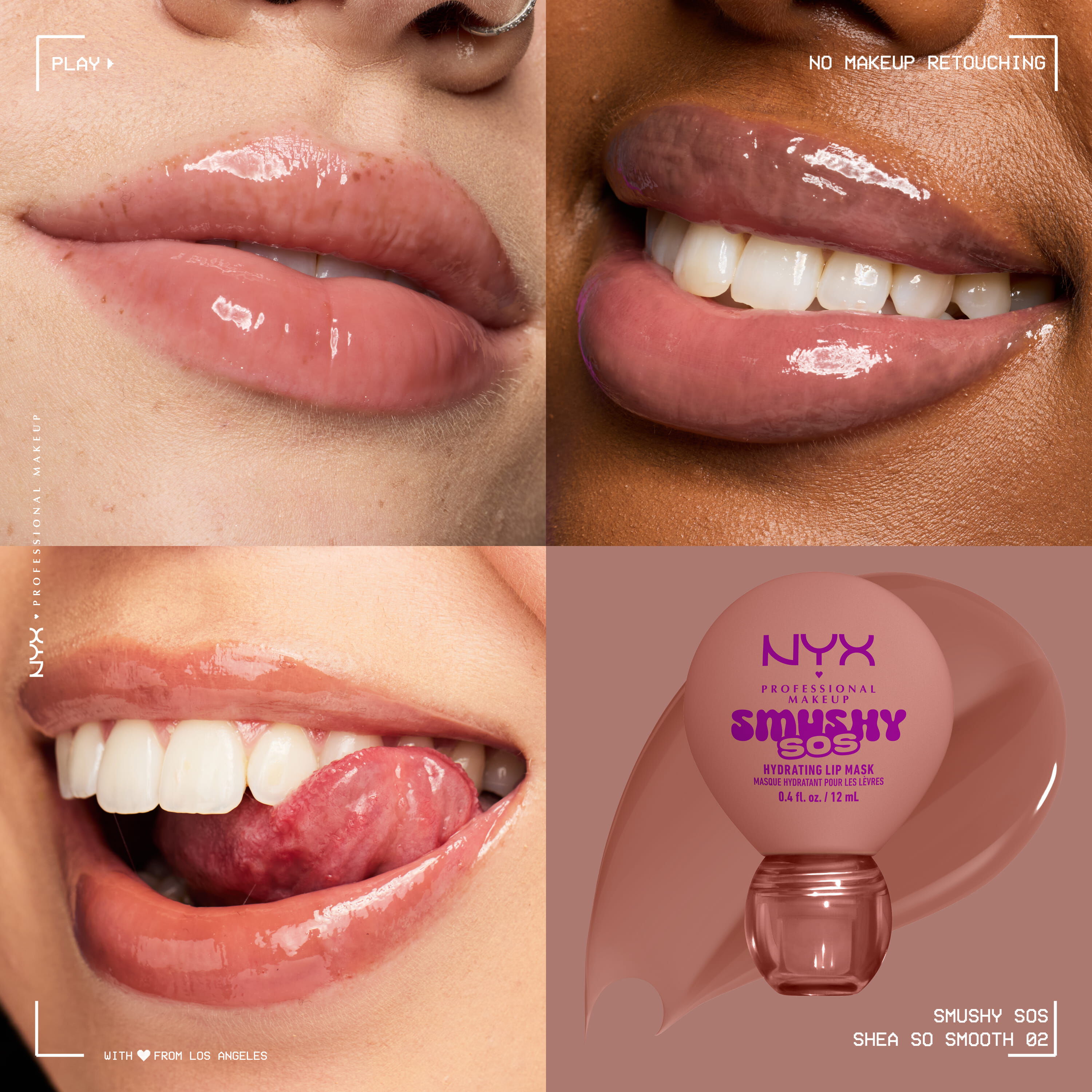NYX Professional Makeup Smushy SOS tinted lip balm in Shea So Smooth, a nude shade, on three skin tones