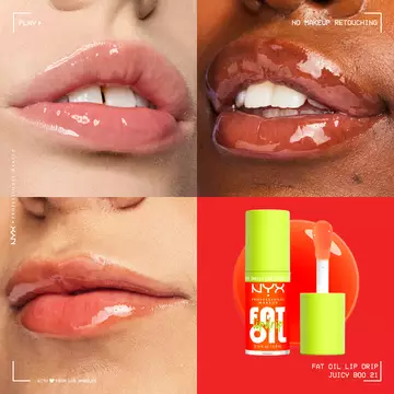 NYX Professional Makeup Fat Oil Lip Drip in Juicy Boo shown on three models with glossy hydrated lips and product packaging, highlighting high shine, orange tint, and inclusive wear.