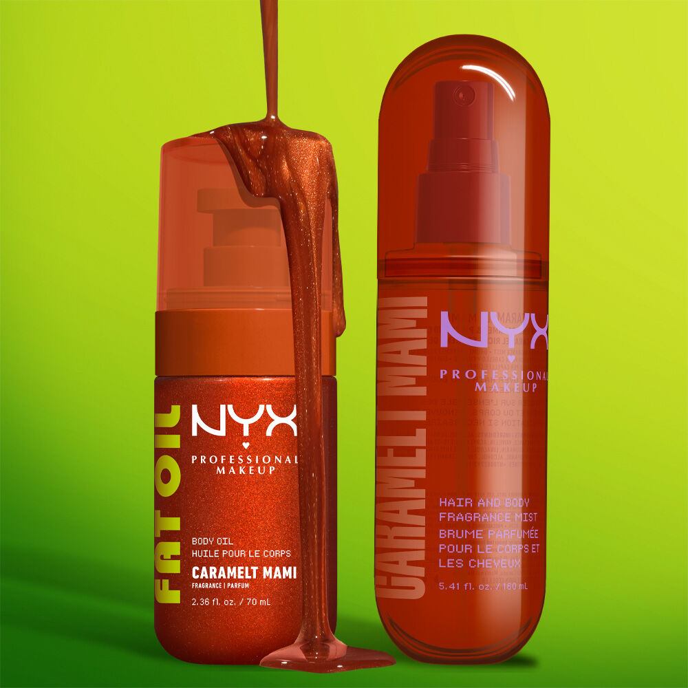 Two NYX Professional Makeup Caramelt Mami products lined up on a lime green background with dripping caramel brown liquid: Fat Oil body oil in a brown pump bottle and hair & body fragrance mist in a brown spray bottle.