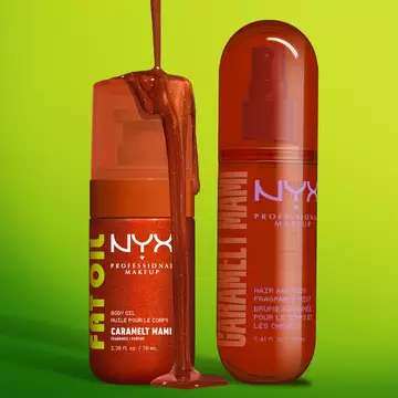 Two NYX Professional Makeup Caramelt Mami products lined up on a lime green background with dripping caramel brown liquid: Fat Oil body oil in a brown pump bottle and hair & body fragrance mist in a brown spray bottle.