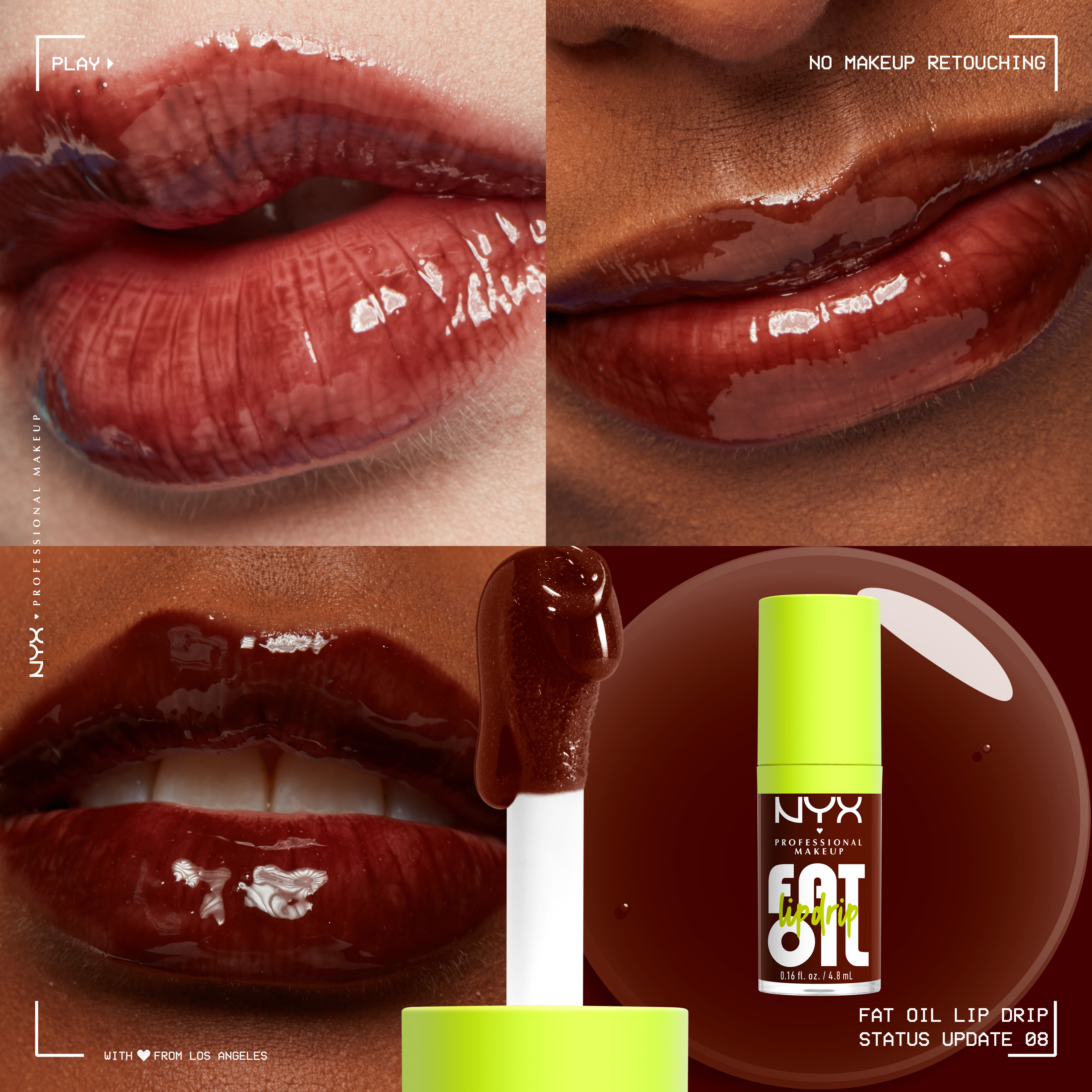 Fat Oil Lip Drip Lip Oil in shade Status Update on three different skin tones