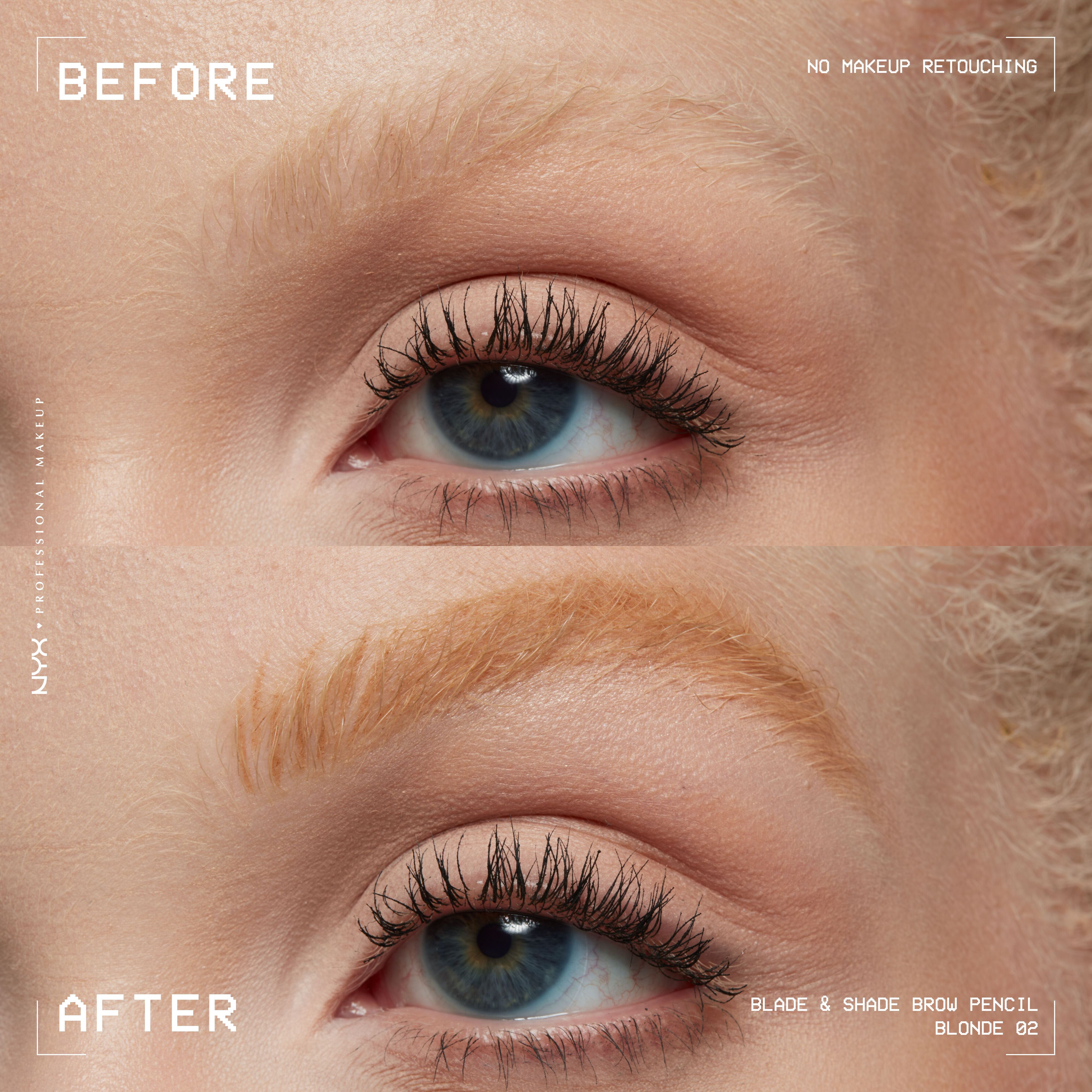 closeup before and after of Blade & Shade Nano Brow Pencil on light brown eyebrow