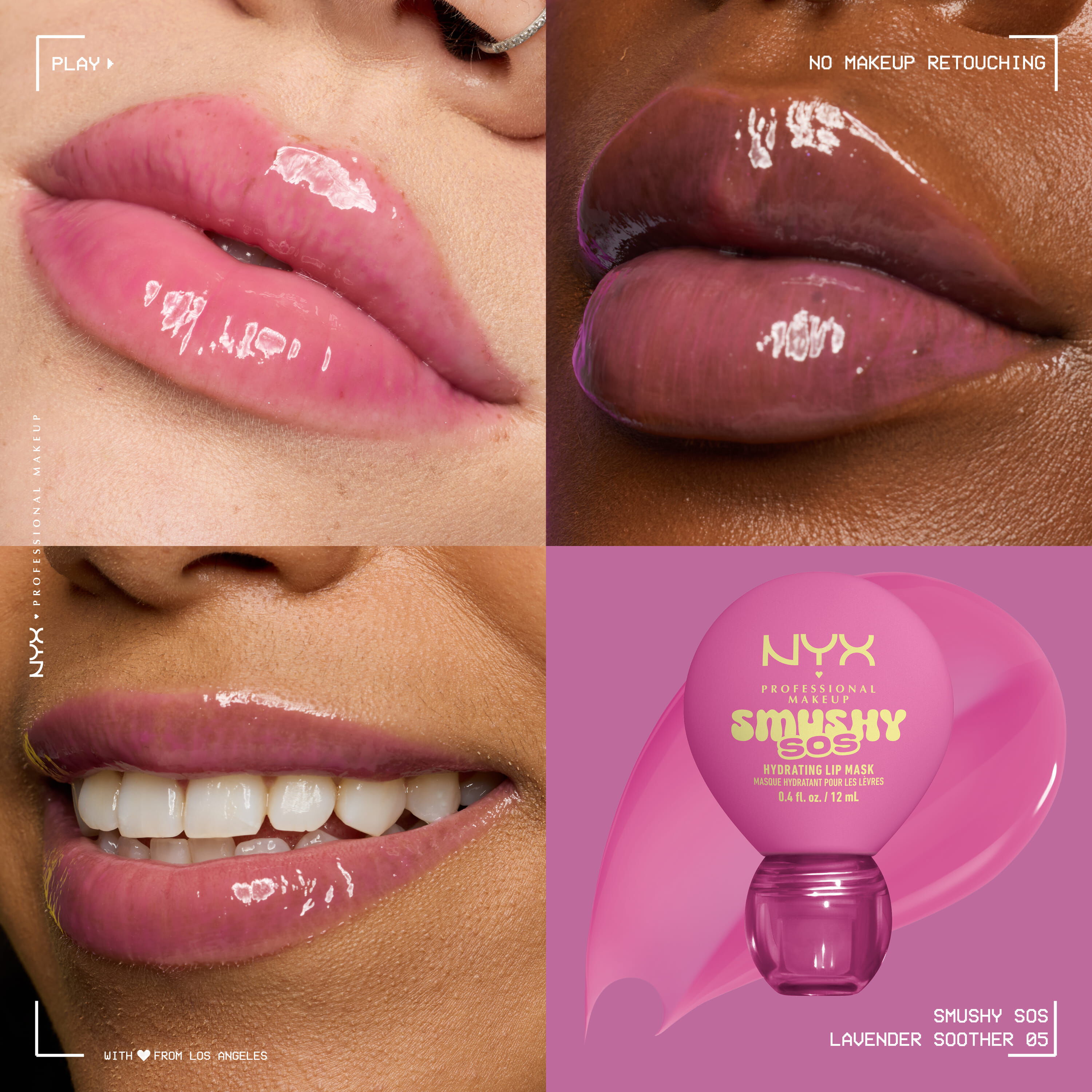 NYX Professional Makeup Smushy SOS tinted lip balm in Lavender Soother, a bright lavender pink shade, on three skin tones