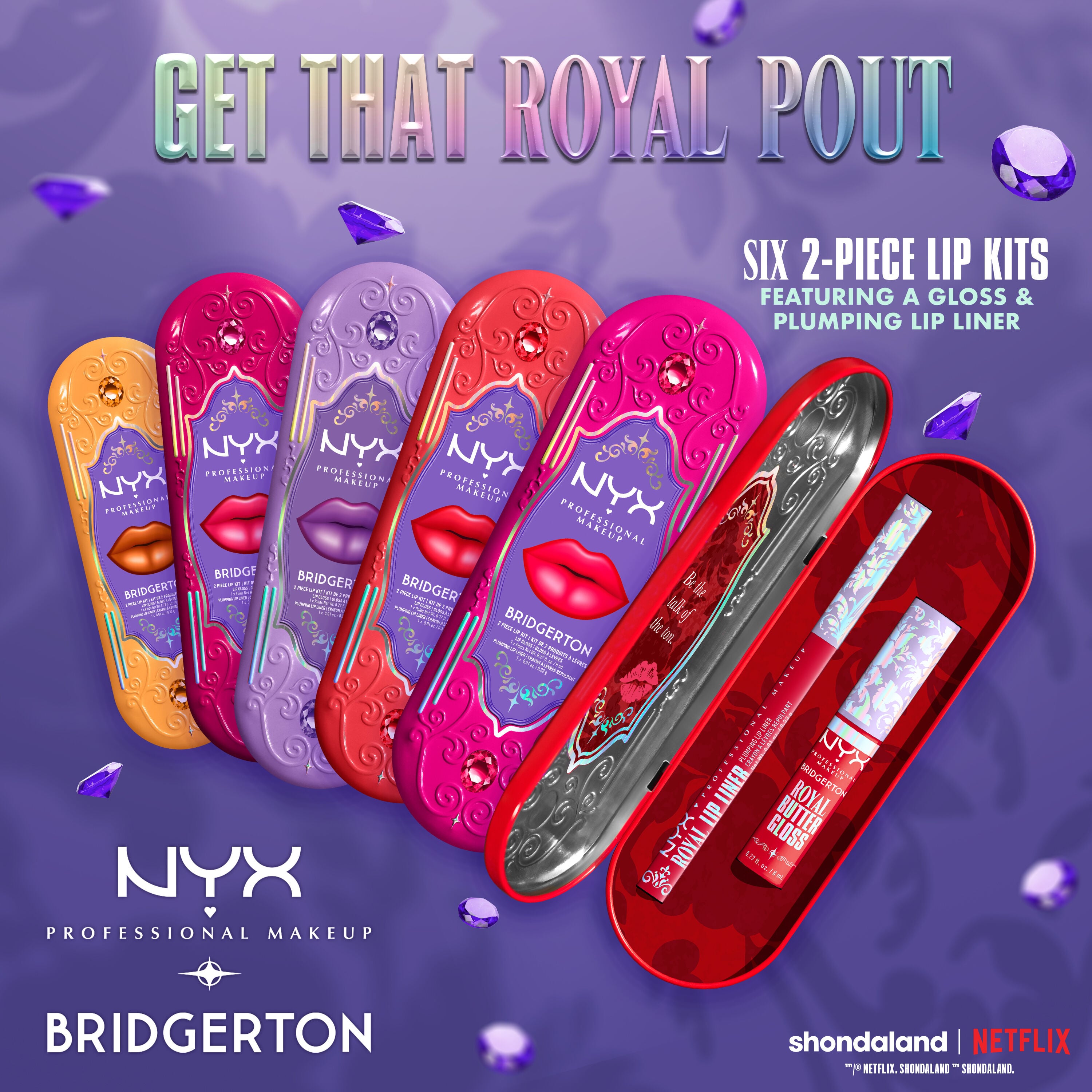 NYX Professional Makeup Bridgerton Royal Treasures 2-Piece Lip Kit range featuring six lip kits in ornate tins, arranged on a purple background with decorative jewels.