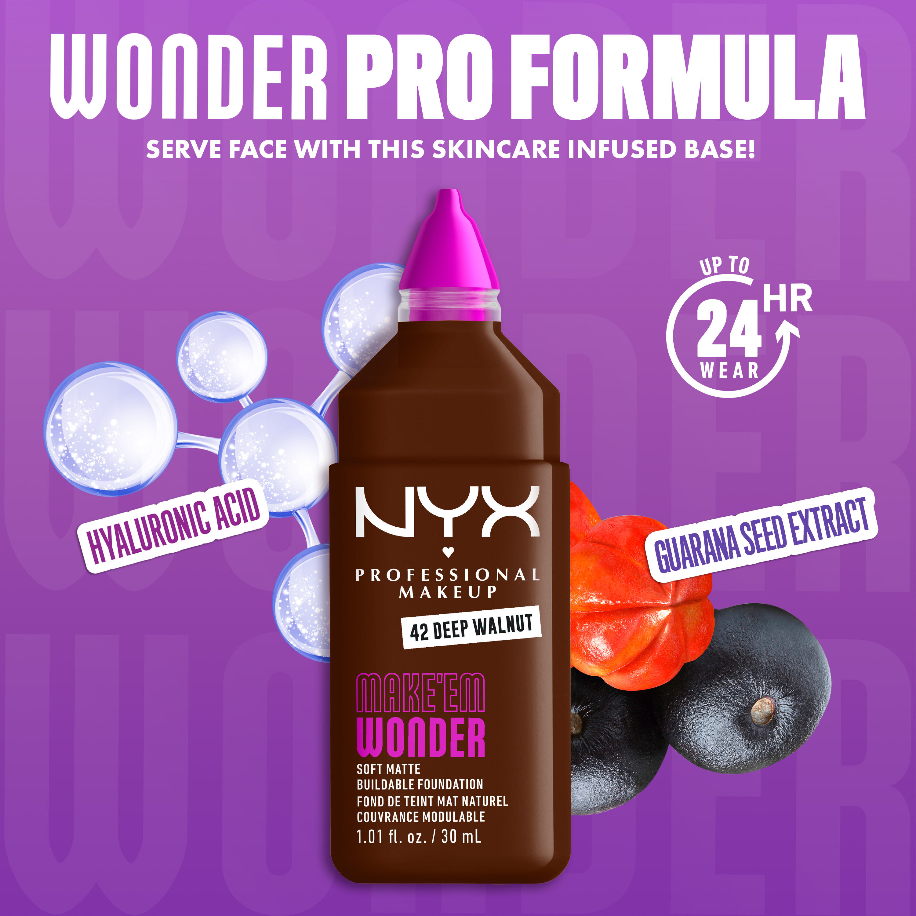 NYX Make ’Em Wonder Foundation in shade 42 Deep Walnut with text overlay “Wonder Pro Formula” showing hyaluronic acid and guarana seed extract.