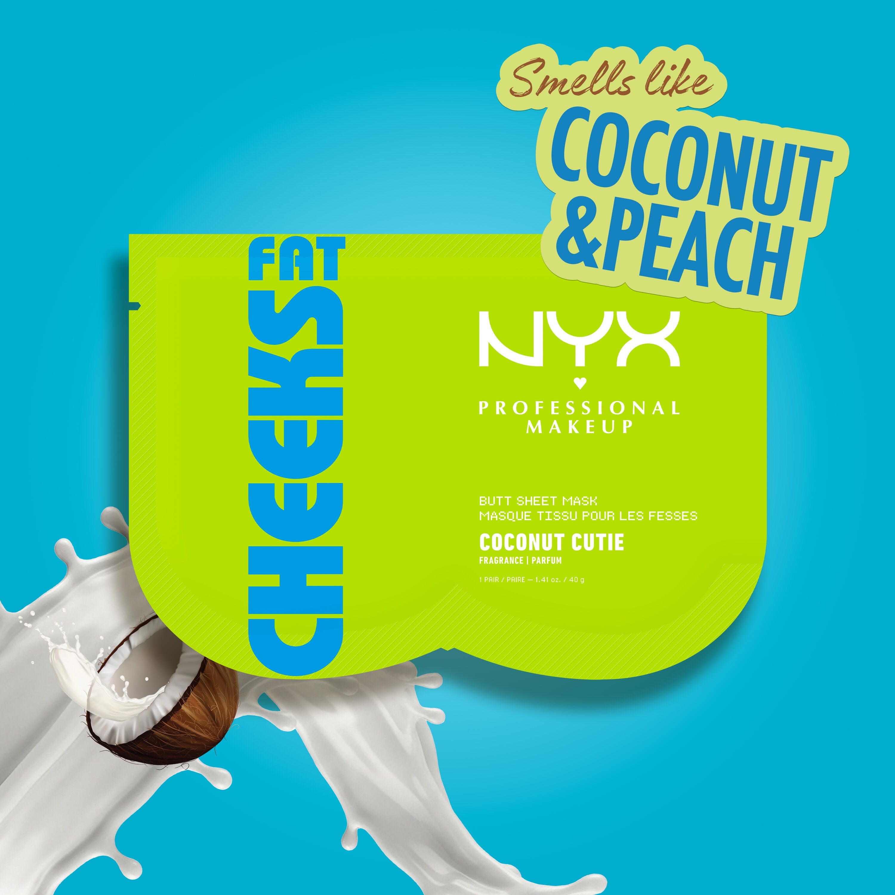 Smells like coconut & peach - NYX Professional Makeup Fat Cheeks Butt Mask in Coconut Cutie scent shown on blue background with coconut imagery.