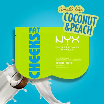 Smells like coconut & peach - NYX Professional Makeup Fat Cheeks Butt Mask in Coconut Cutie scent shown on blue background with coconut imagery.