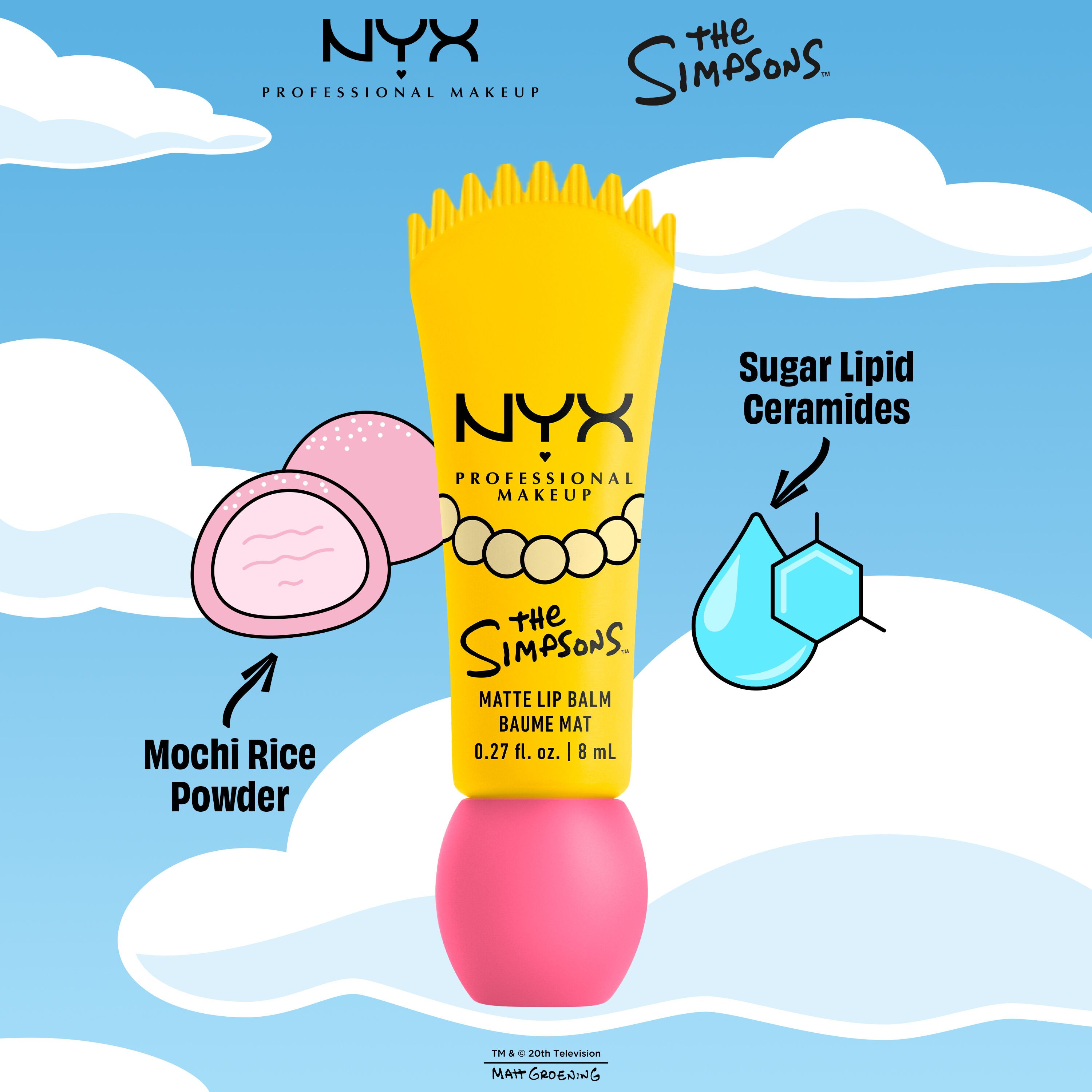 NYX Professional Makeup The Simpsons Smushy Matte Lip Balm packshot with illustrated ingredients including mochi rice powder and sugar lipid ceramides 01 Smarty Pink