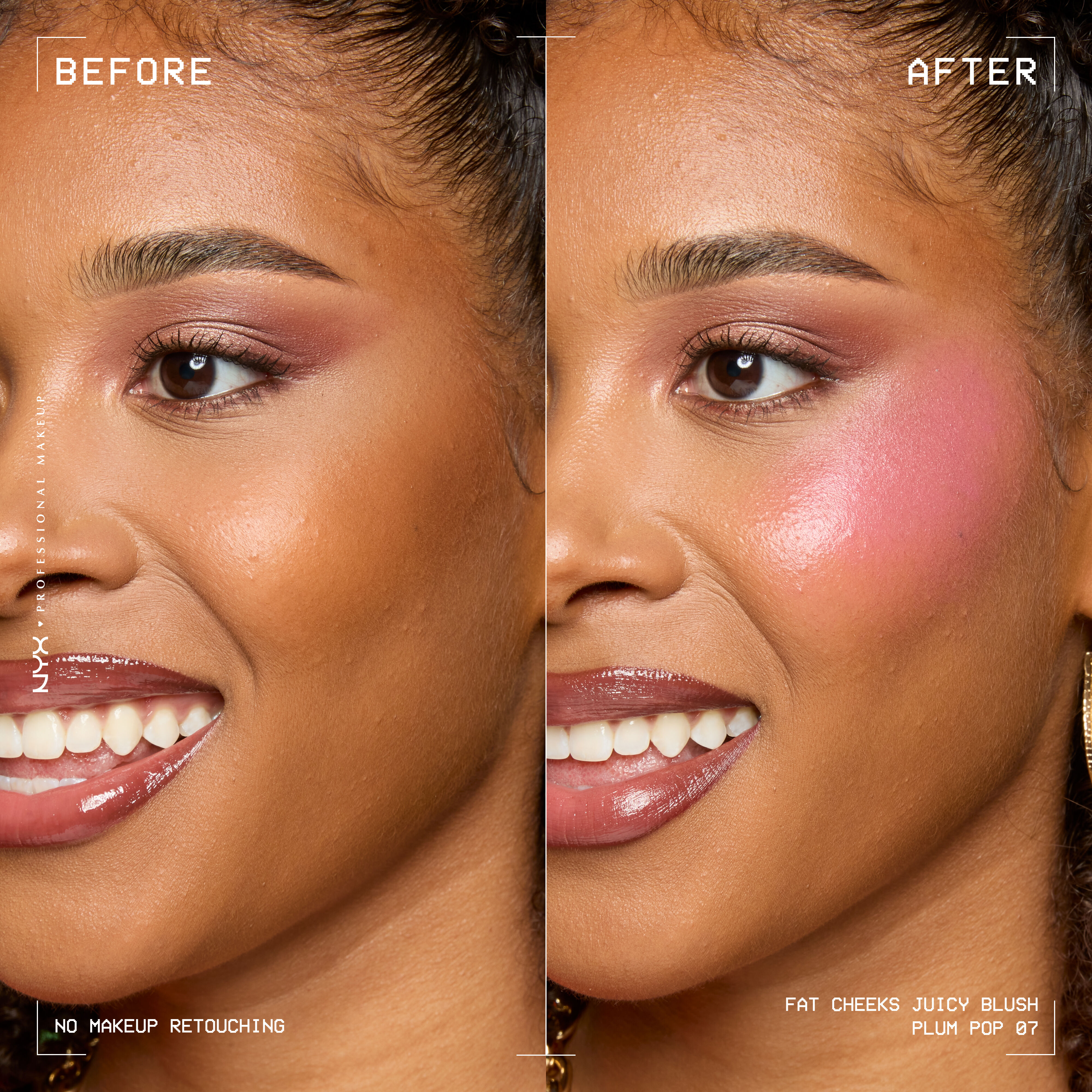 Model before and after applying Fat Cheeks liquid blush in shade Plum Pop