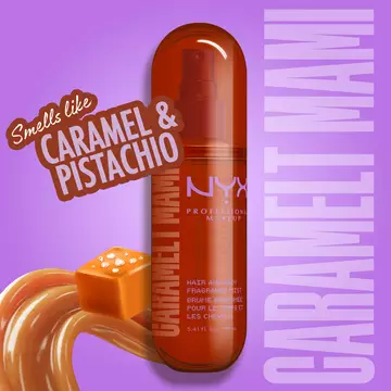 Caramel & Pistachio scent description text on purple background for Caramelt Mami