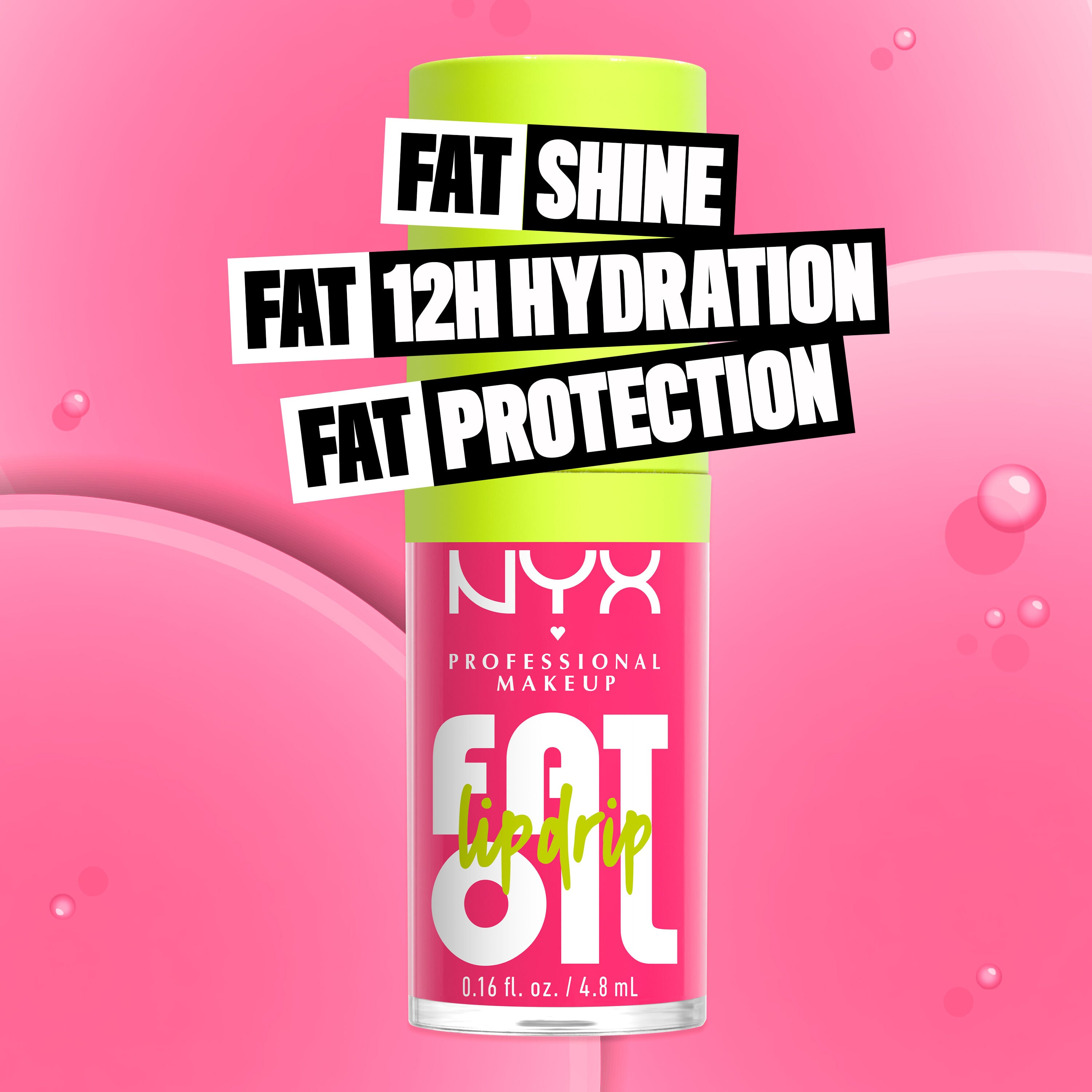 NYX Professional Makeup Fat Oil Lip Drip in 02 Missed Call shown with fat shine, 12H hydration and fat protection benefits on a pink background.