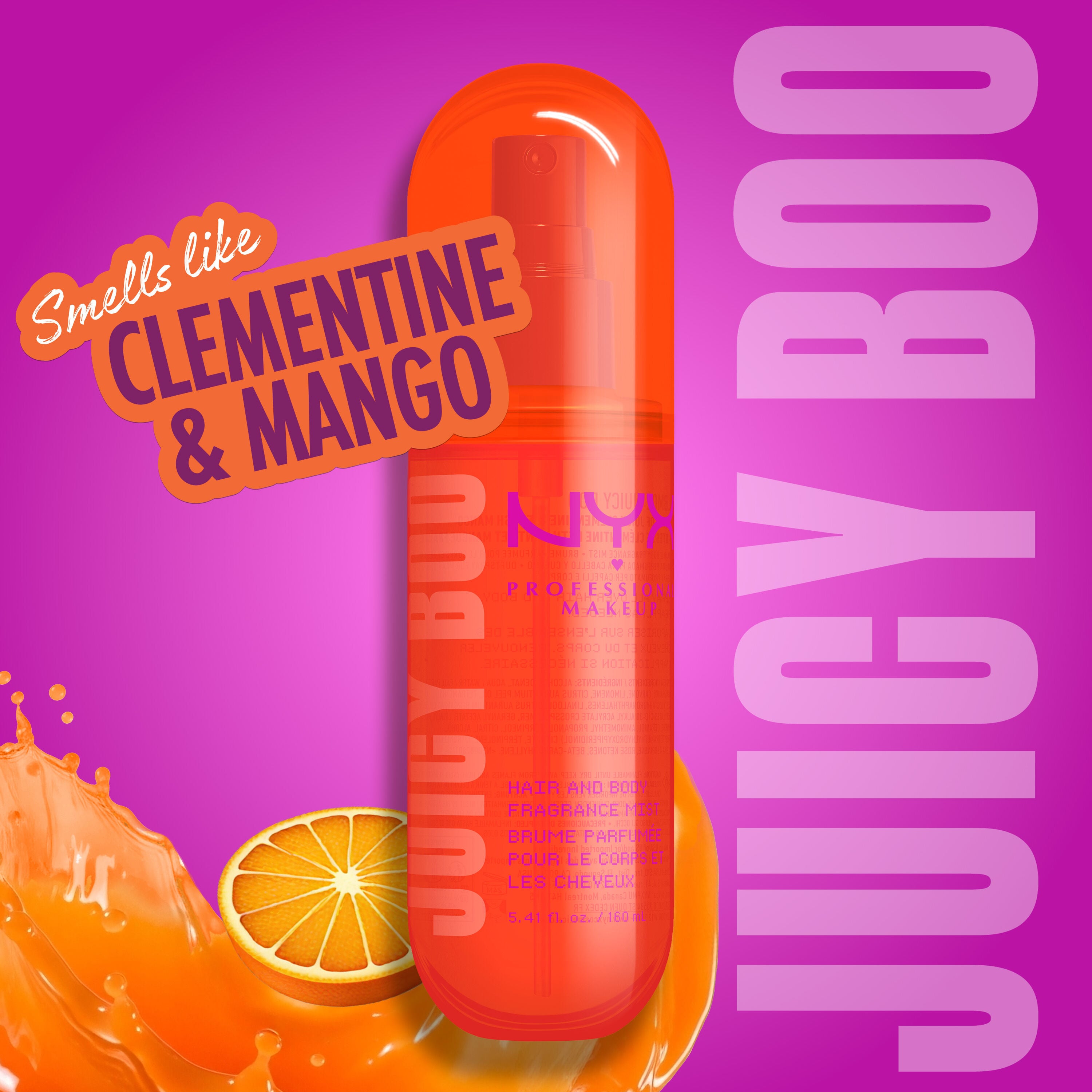 Smells like clementine & mango Juicy Boo - scent branding text on purple background.
