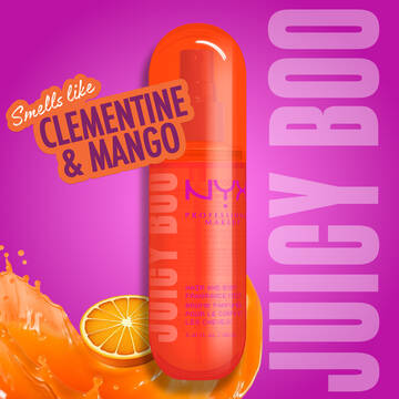 Smells like clementine & mango Juicy Boo - scent branding text on purple background.