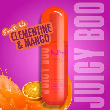 Smells like clementine & mango Juicy Boo - scent branding text on purple background.