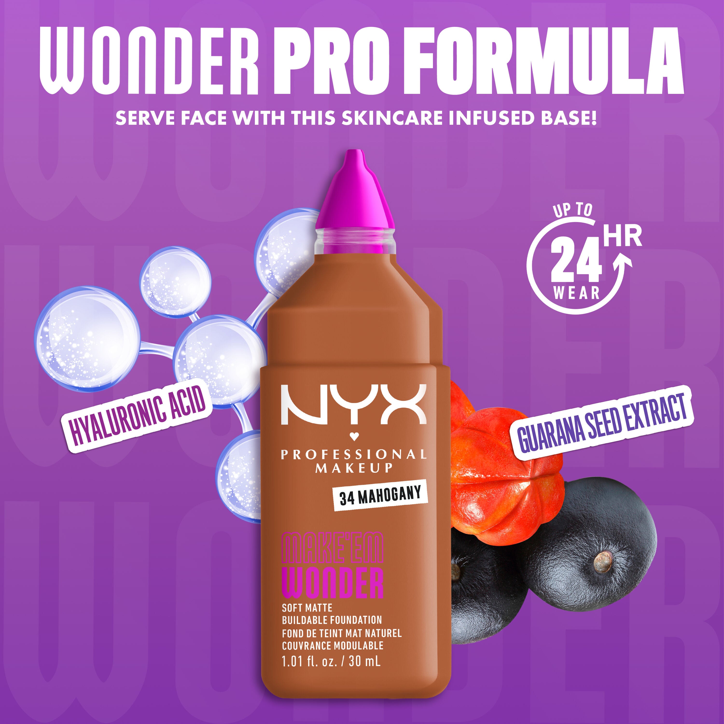 NYX Make ’Em Wonder Foundation shade 34 Mahogany with text overlay “Wonder Pro Formula,” featuring hyaluronic acid and guarana seed extract.