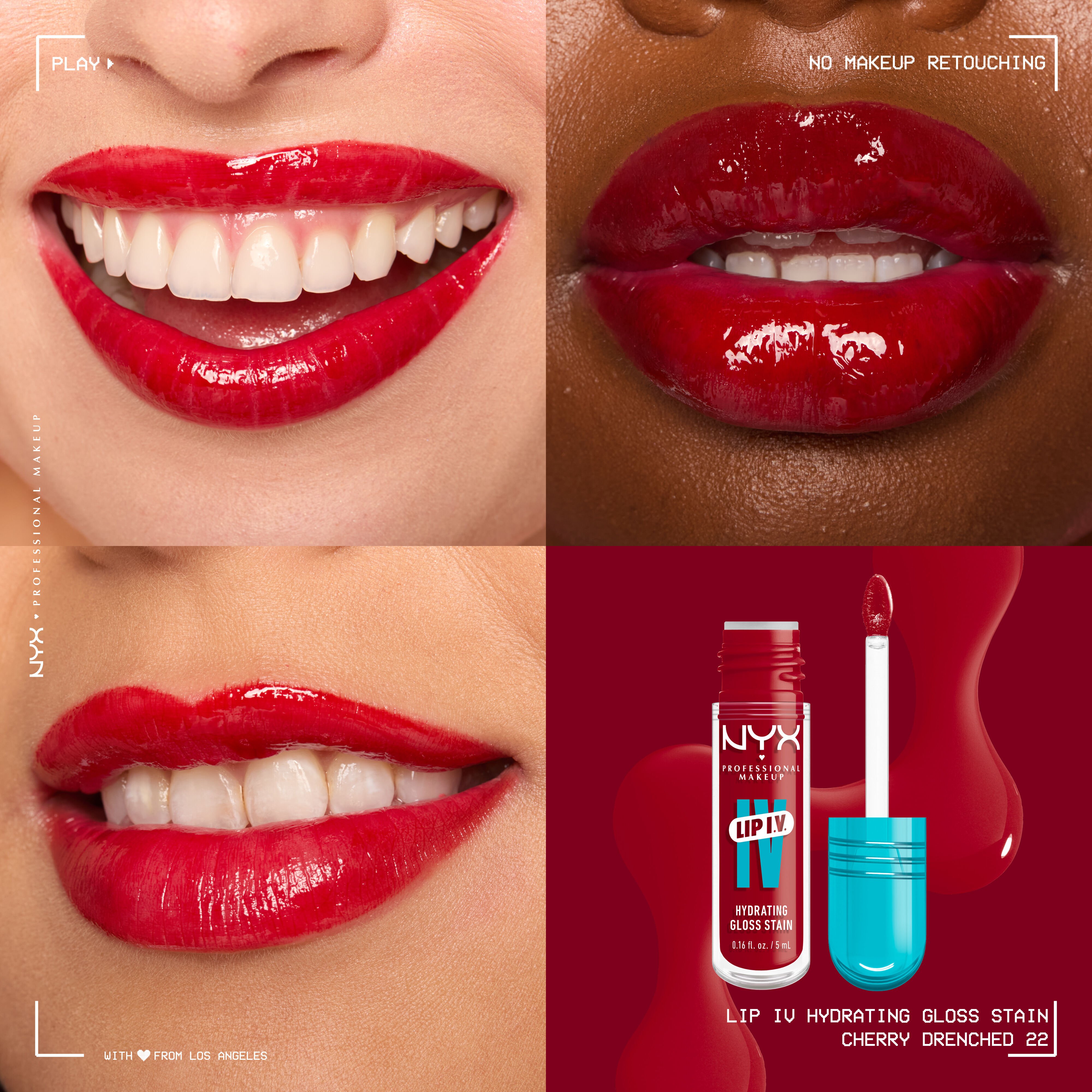 Lip I.V. Hydrating Lip Gloss Stain on three different skin tones.