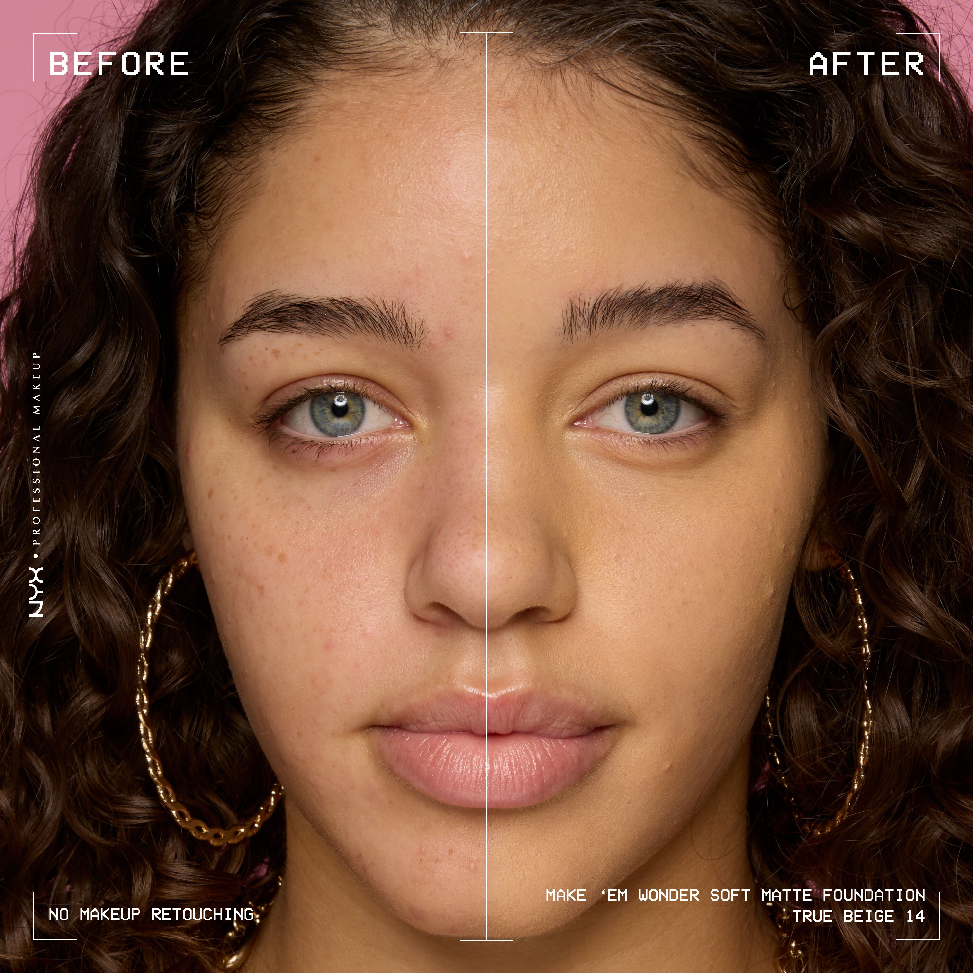 Before-and-after model wearing NYX Make ’Em Wonder Foundation shade 14 True Beige, text overlay “Before / After.”