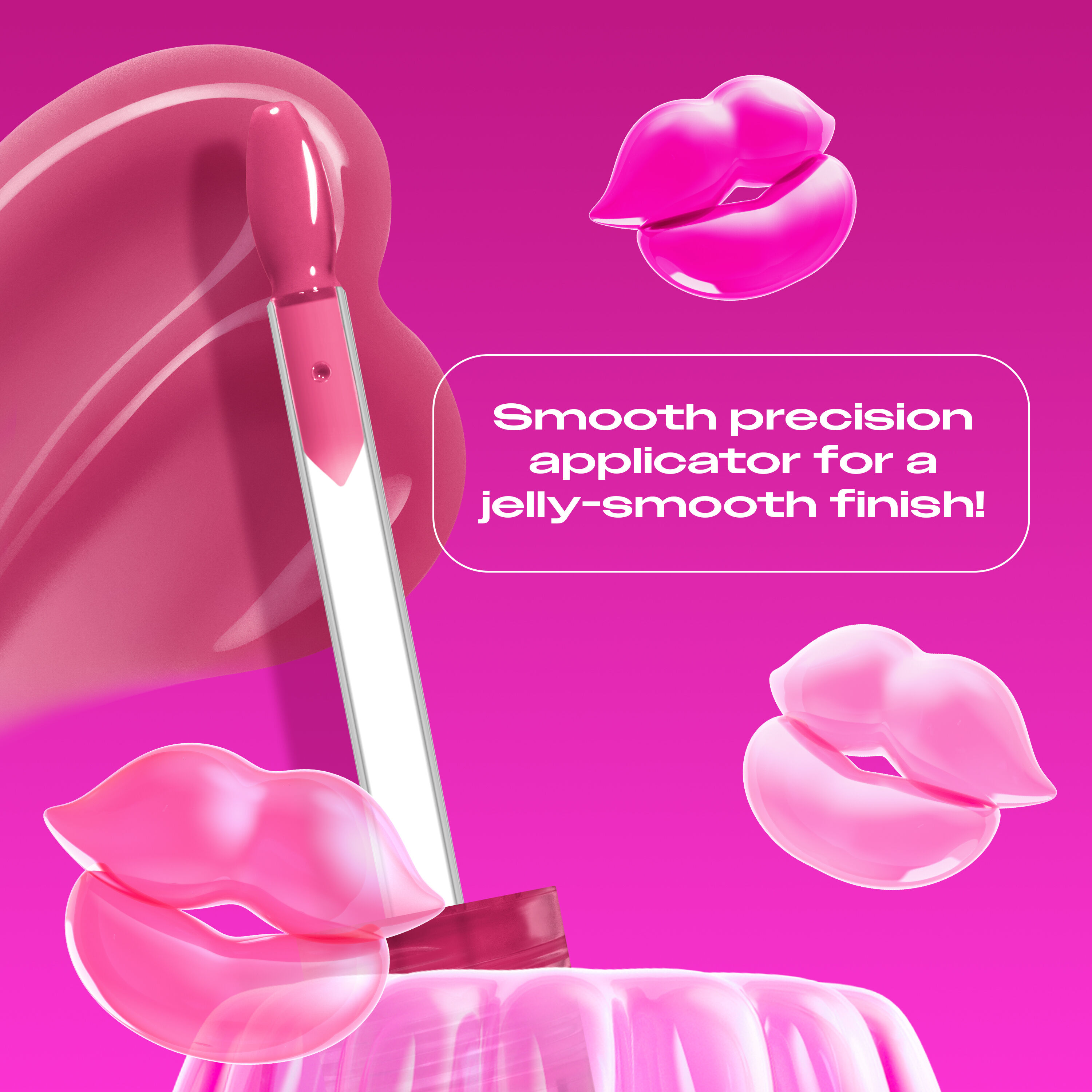 Jelly Job Lip Gloss applicator & swatch in shade 'Jelly Jammin'', with text on precision applicator for smooth lip finish  