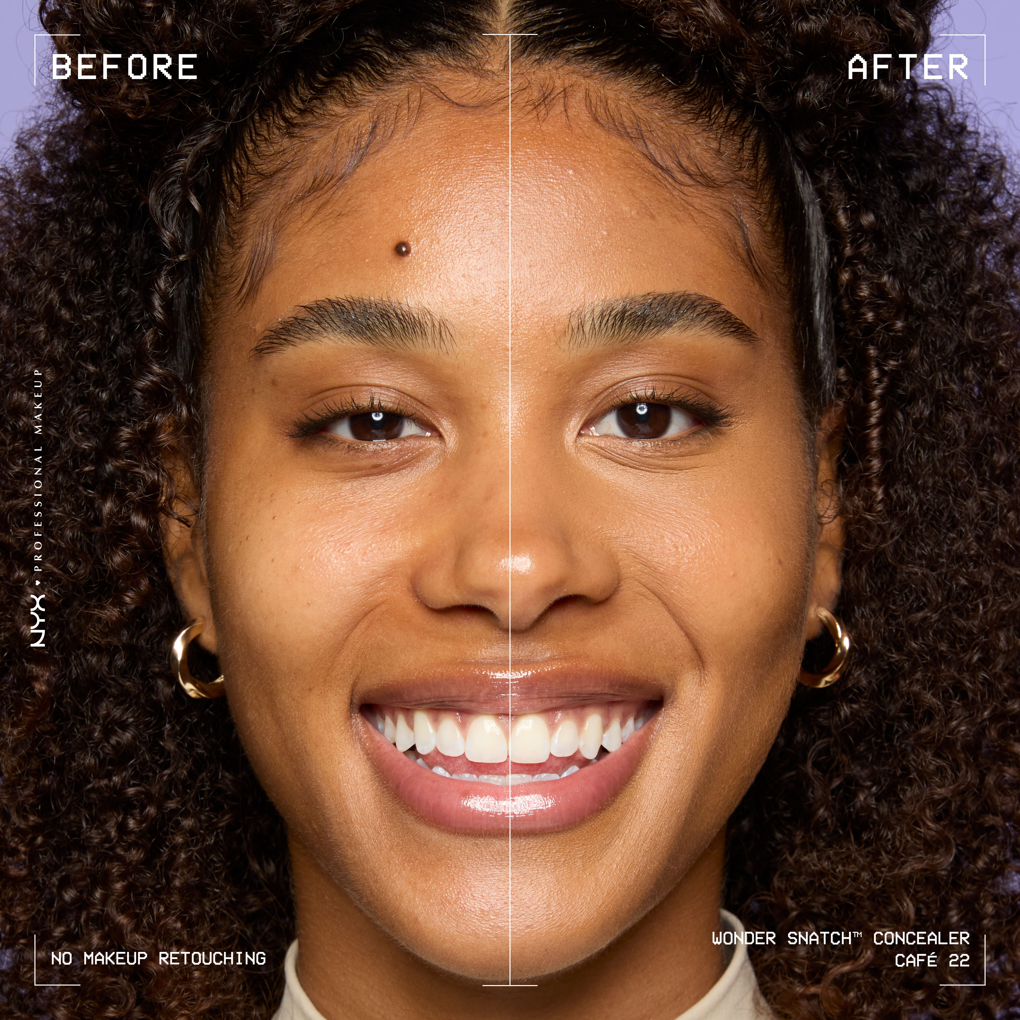 Before-and-after comparison of model wearing Wonder Snatch(TM) Concealer, showing brighter under-eyes and smoother-looking skin.