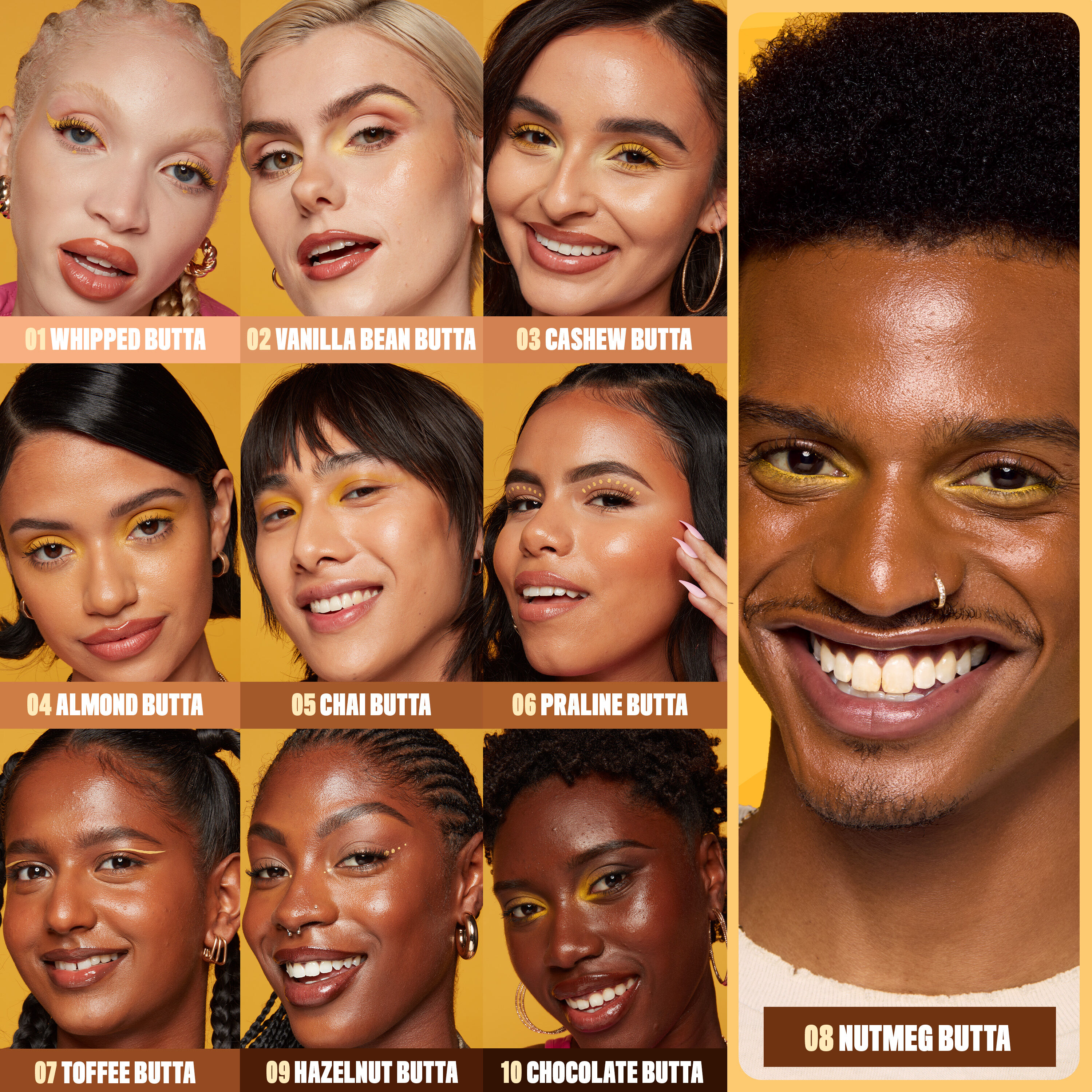 models wearing all ten shades of Buttermelt Glaze Skin Tint with SPF 30