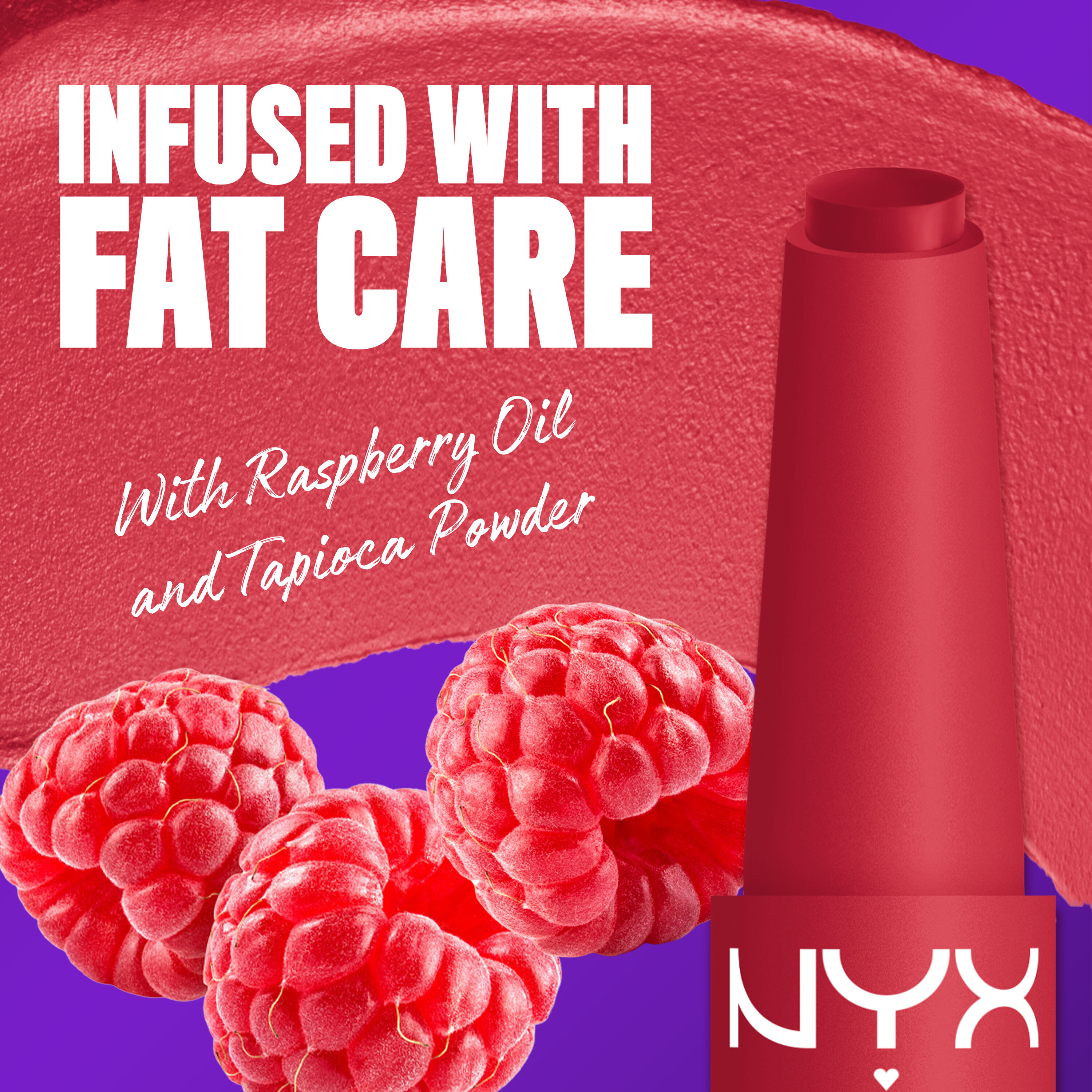 NYX Professional Makeup Fat Matte Smooth Color Lipstick infused with raspberry oil and tapioca powder for soft, smooth creamy matte lip color.