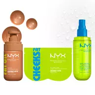 Three NYX Professional Makeup Coconut Cutie products lined up on a light background with bronze and clear liquid droplets: Fat Oil body oil, Fat Cheeks butt mask, and hair & body fragrance mist.