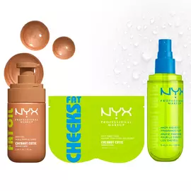Three NYX Professional Makeup Coconut Cutie products lined up on a light background with bronze and clear liquid droplets: Fat Oil body oil, Fat Cheeks butt mask, and hair & body fragrance mist.
