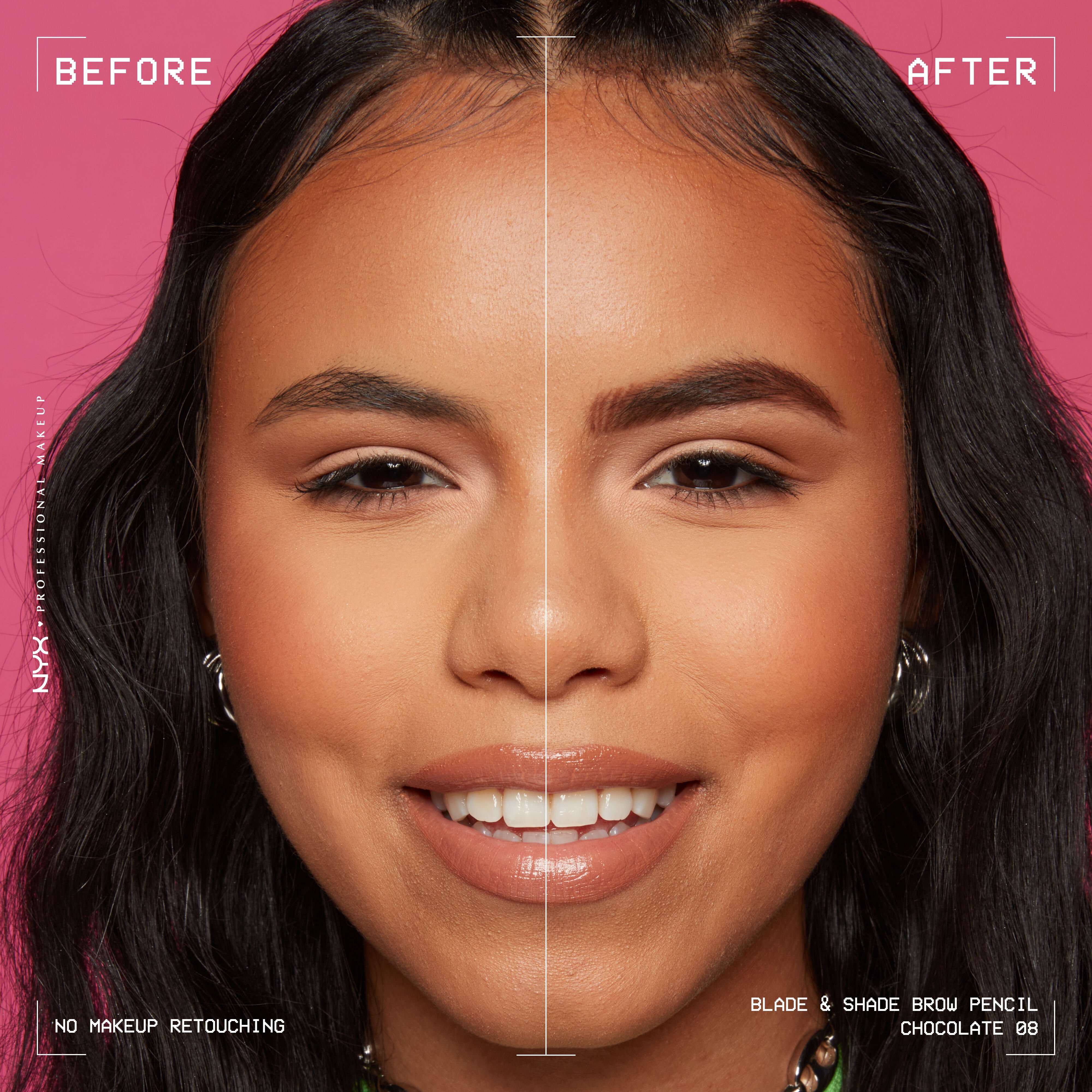 woman facing forward showing before and after of Blade & Shade Nano Brow Pencil on eyebrows